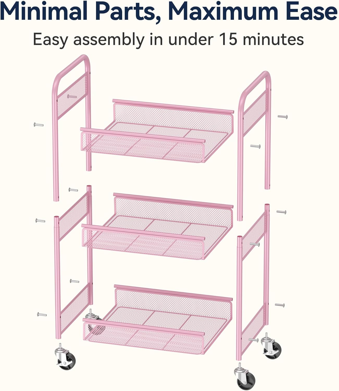 YASONIC 3 Tier Rolling Cart – Metal Utility Storage Cart with Wheels, Craft Cart Organizer with Hanging Cups, Hooks, Mesh Basket for Bedside Kitchen Office Art, Pink
