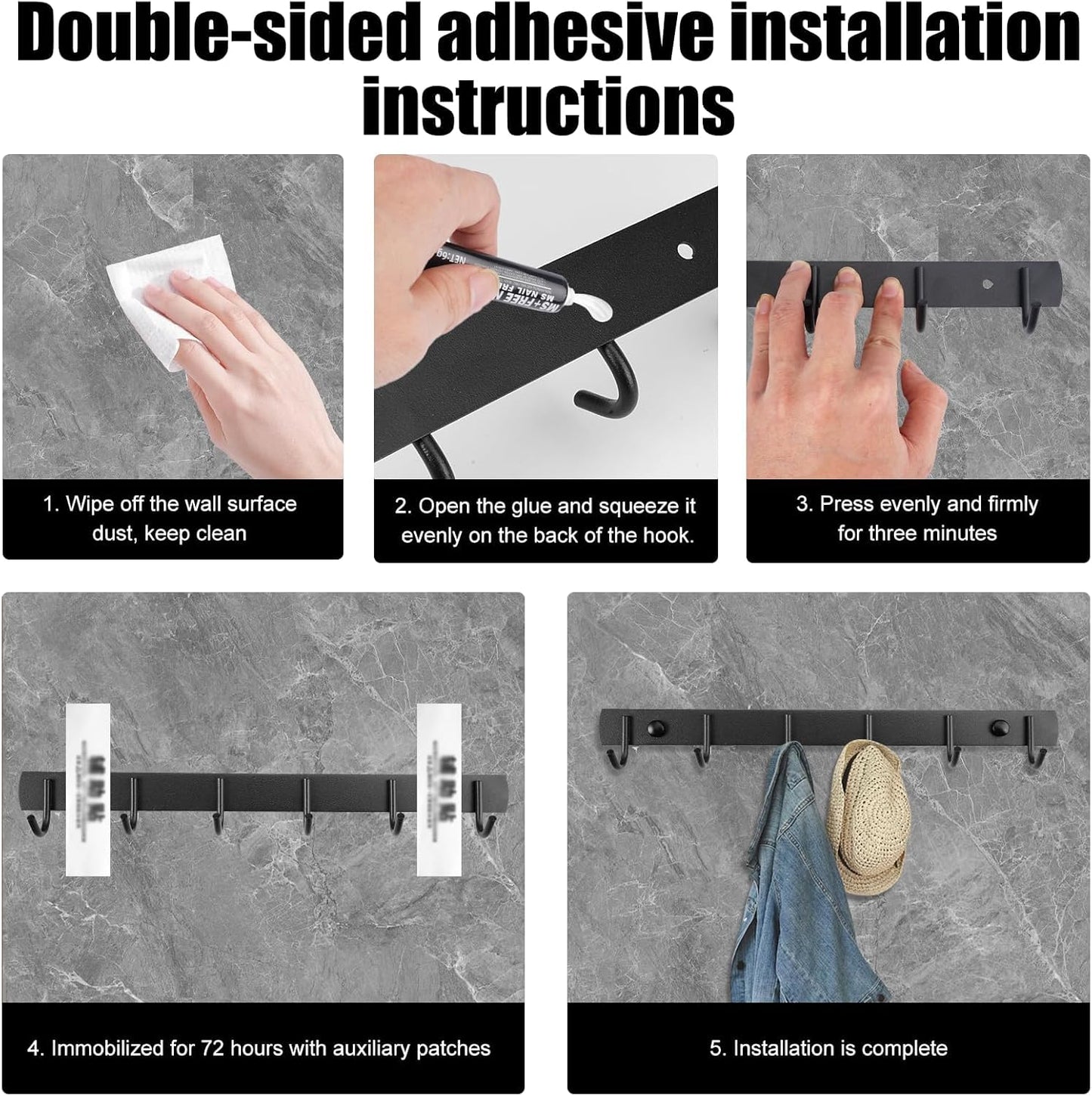 2 Pack Coat Rack Wall Mount, 12.6 in Wall Hooks for Hanging, 6 Coat Hooks for Hanging Coats Hats Towels Keys and Bags, Closet and Entryway Hanger for Bathroom Bedroom Kitchen (Black)