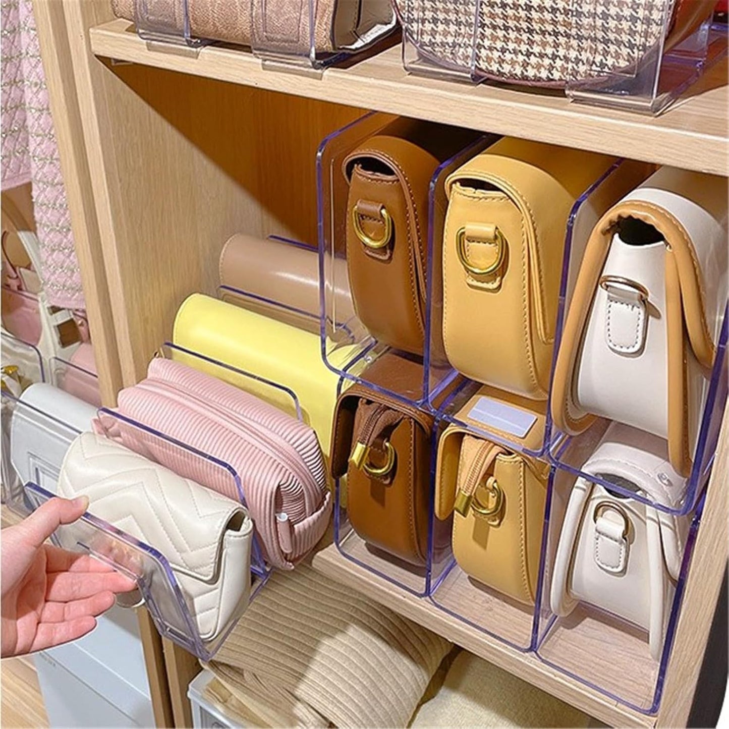 YAGELI Clear Acrylic Purse/Handbag Organizer - 4 Sections Divider for Closet Storage - Sturdy Organizer Rack for Purses, Handbags, and Clutches(4Pack-4Sections)