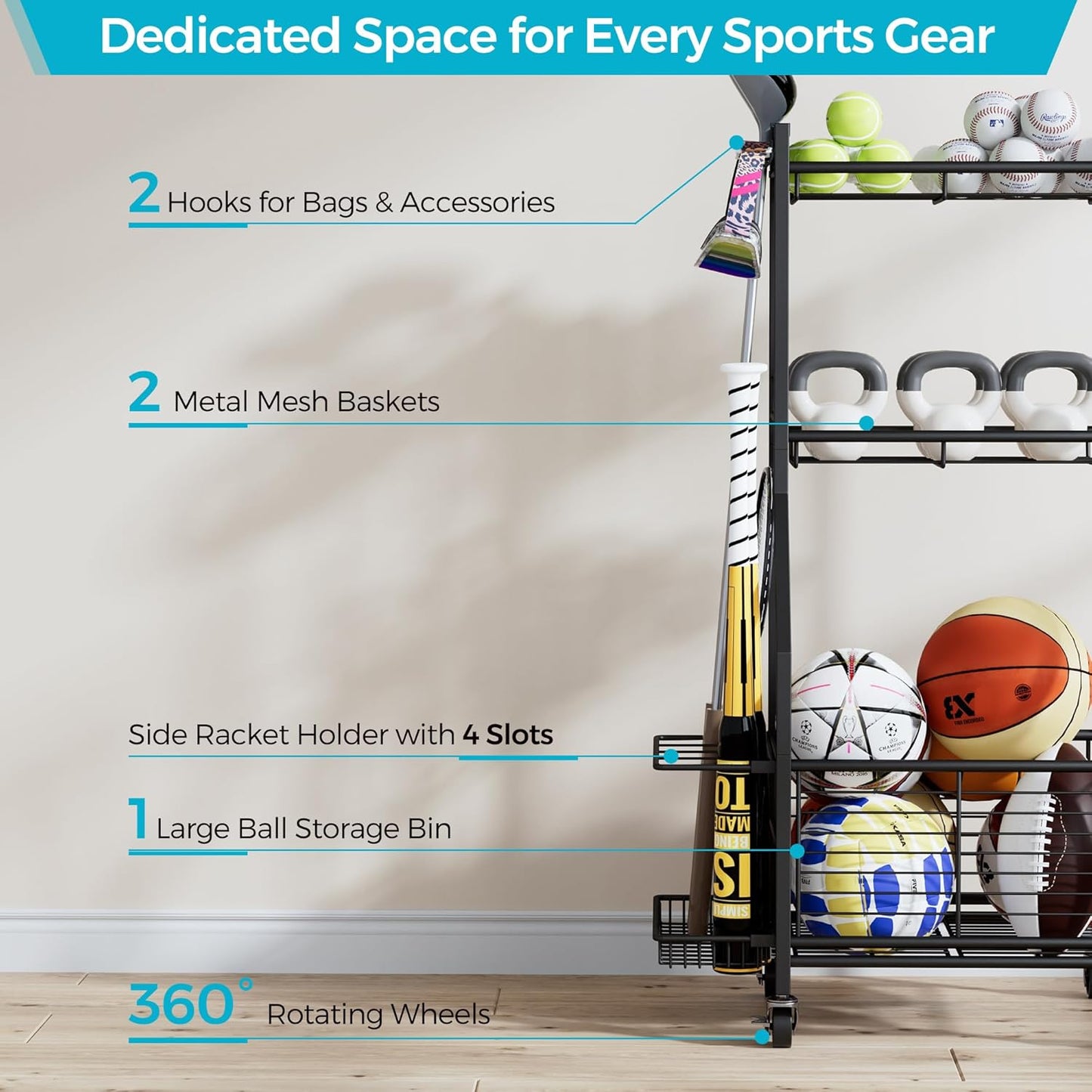 Sports Equipment & Toy Storage Rack with Wheels, 3-Tier Ball Organizer for Balls, Rackets & Sports Gear, Large Capacity with Racket Slots & Hooks, for Garage, Home Gym or Backyard – 17" W