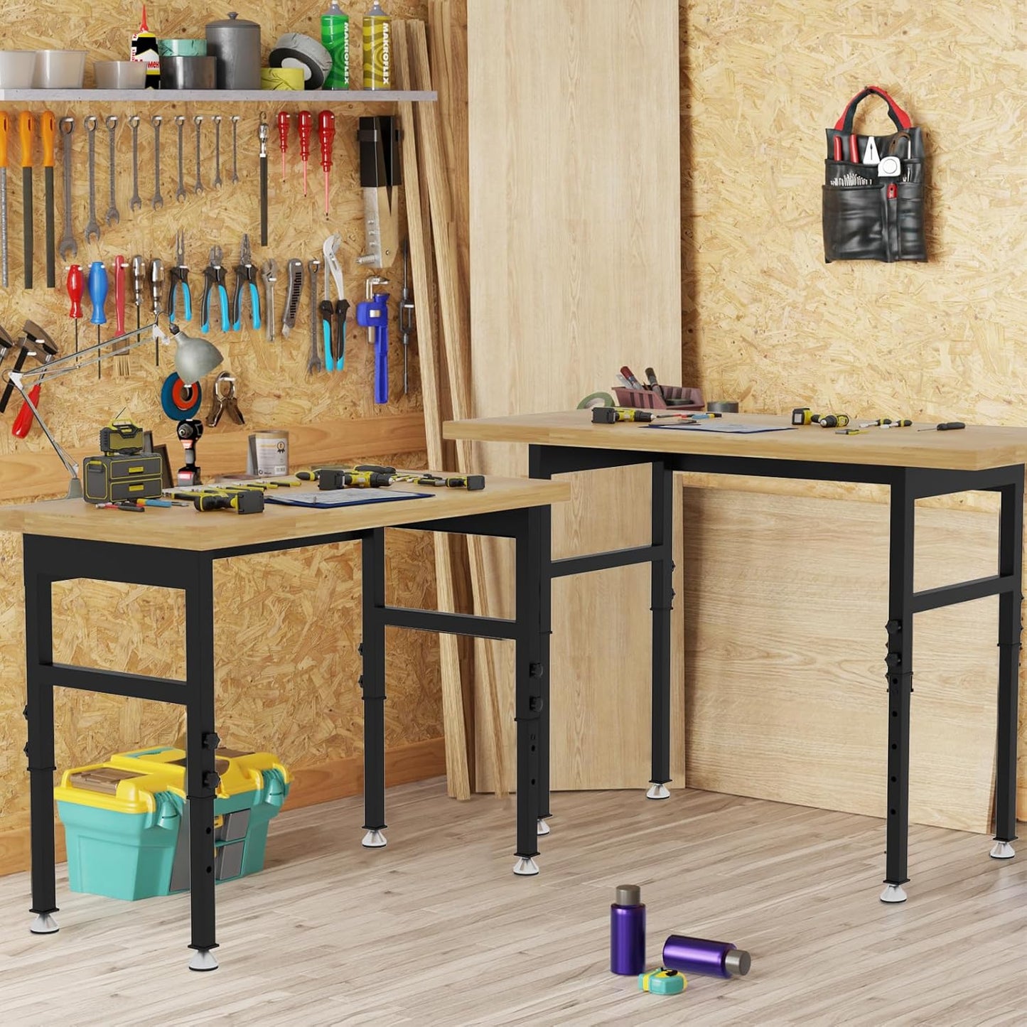 48' Adjustable Workbench, Solid Wood Work Bench Table , Rolling Workbench Large Load Capacity Garage Workbench for Workshop,Office,Home