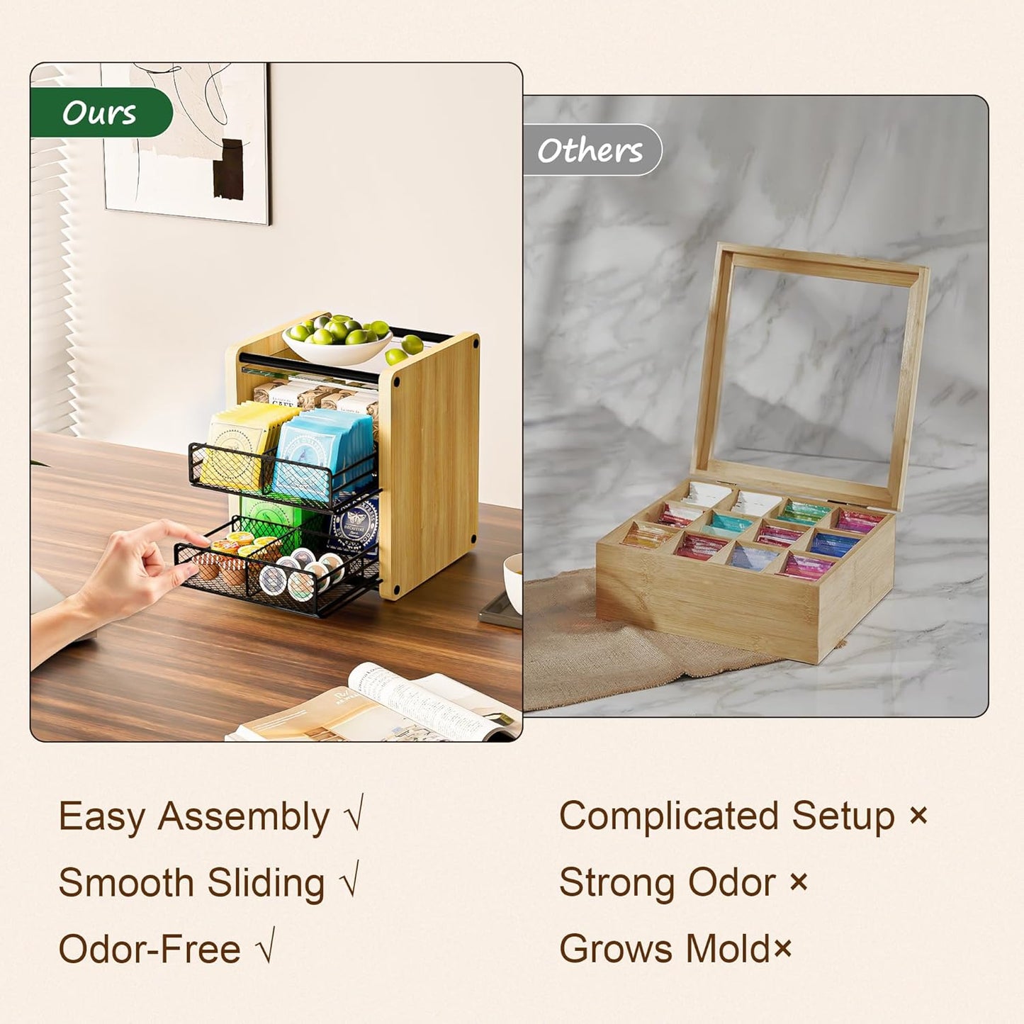 Tea Bag Organizer, Tea Organizer and Storage with Drawers, Tea Box for Tea Bags, Wooden Tea Bag Holder for Kitchen, Countertop, Office, Tea Station (Natural Wood)