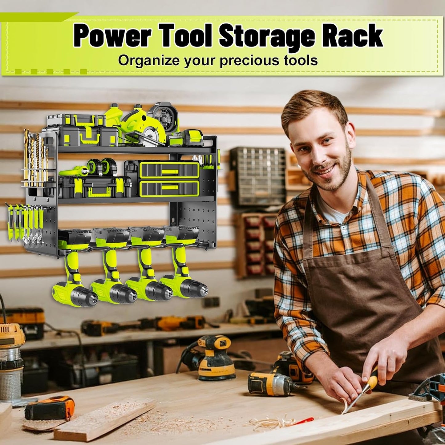 Power Tool Organizer Wall Mount, Drill Holder tool storage with Hooks & Screwdriver Organizer, Heavy Duty Iron 3 Layers Garage Storage Shelf for Workshop Shed Pegboard Basement(Black)