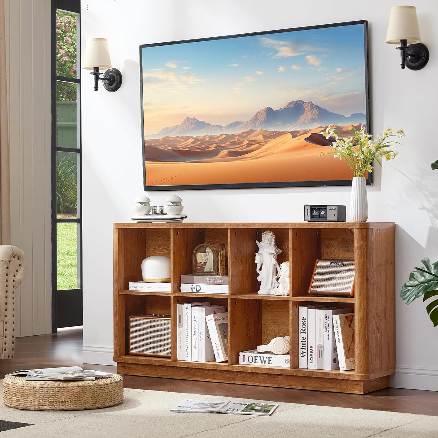 8 Cube Storage Book Shelf, 52" Long Horizontal Bookshelf with Curved Edge, Floor Standing Wooden Cubby Bookcase with Base, Low Modern Console Book Case, TV Stand for Living Room, Brown