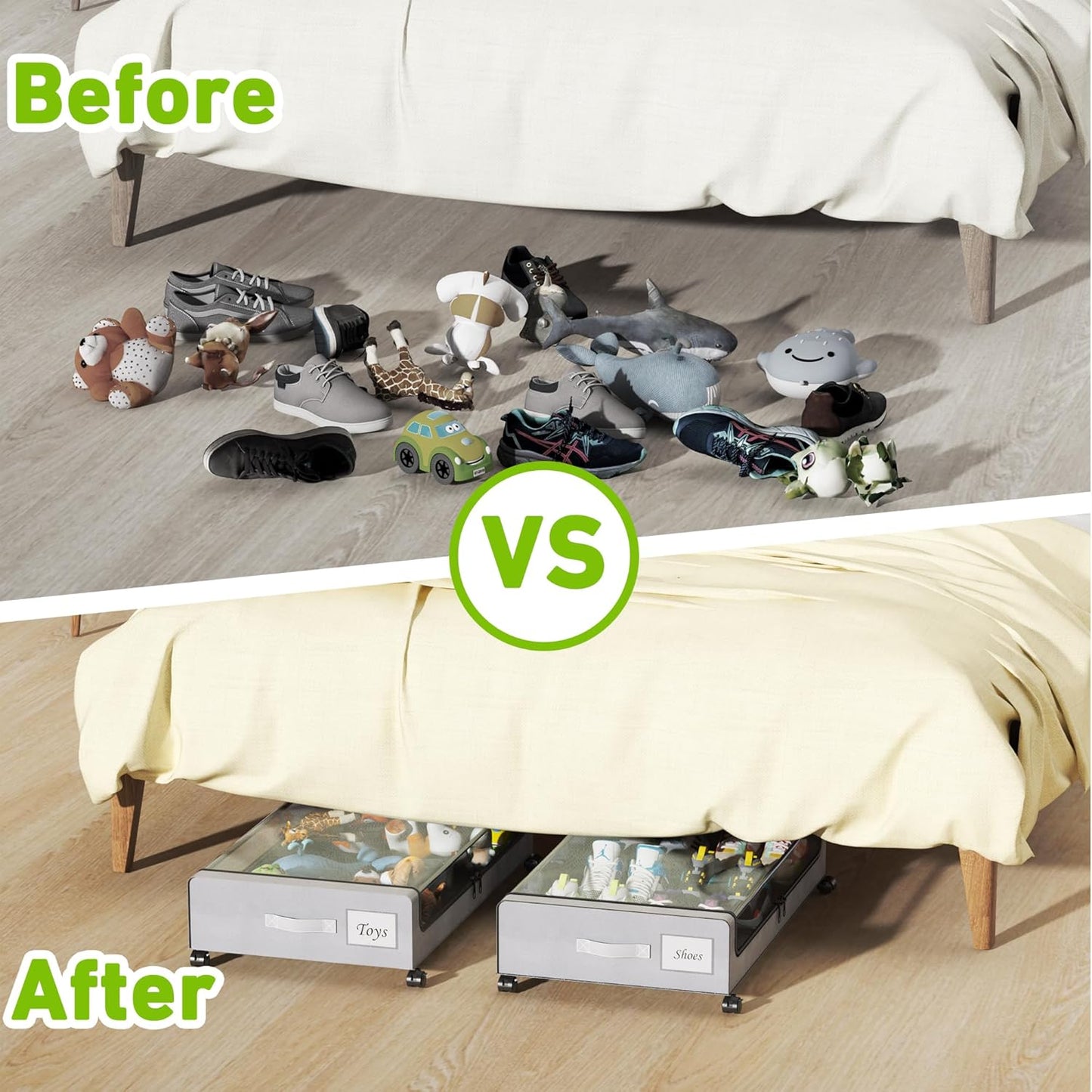 Under Bed Storage with Wheels, XXL 60L Under the Bed Storage Bins, Underbed Storage Containers with Lids & Label, Rolling Metal Drawer for Shoes, Clothes, Books, Toys (4-Pack Gray)