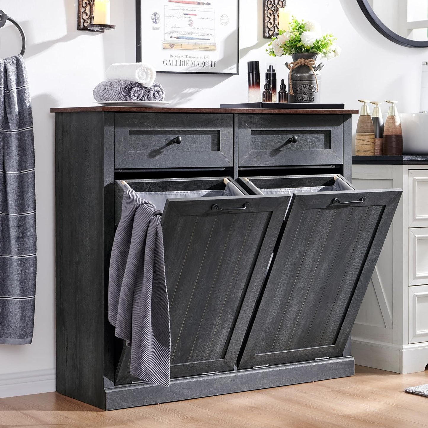 Double Tilt Out Trash Cabinet, 20 Gallon Farmhouse Laundry Hamper Cabinet with 2 Drawers, Hidden Wooden Trash Can Cabinets with Storage Basket for Kitchen, Living Room (Dark Grey)