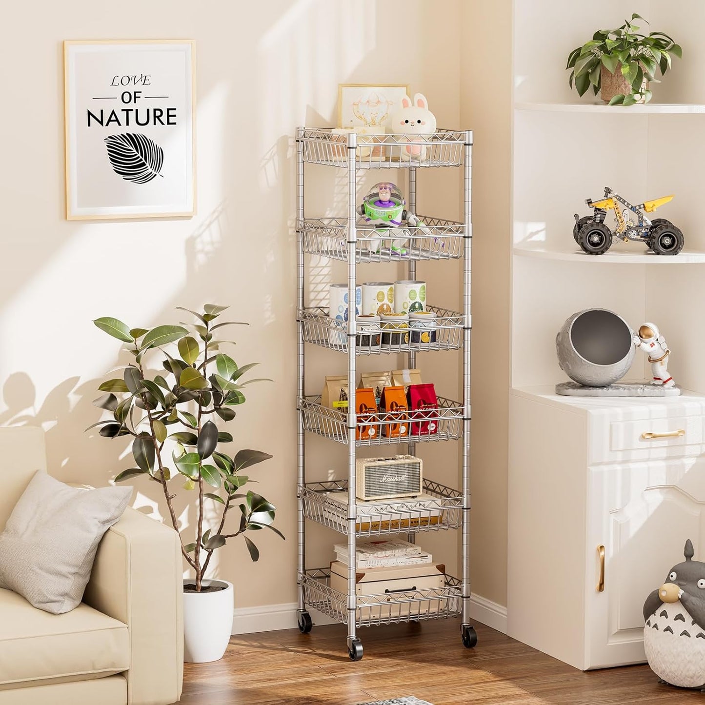 SINGAYE Shelf Storage Wire Shelving:Shelves Rack Standing Units with Wheels Closet Organizers Metal Pantry Kitchen Laundry Room Adjustable 13.5" D x 13.5" W x 63" H Silver