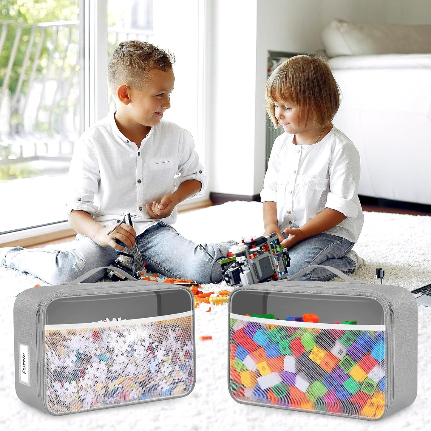 Abbylike 6 Pack Toy Storage Bag Bricks Building Set Car Toy Organization Bags for Traveling Carrying Case, Storage Organizer Puzzles(Gray)