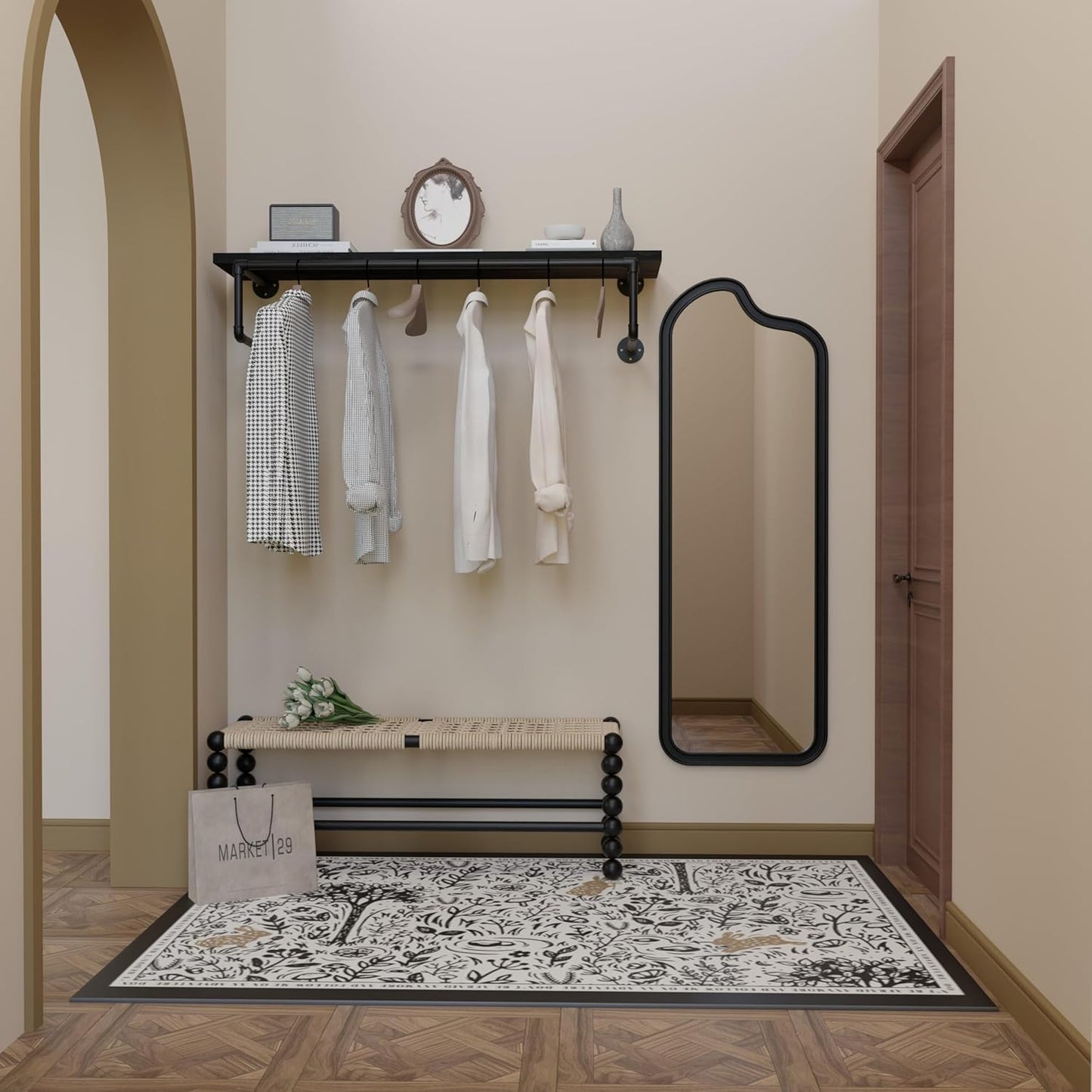 Clothes Rack 42in, Wall Mounted Garment Racks with Real Black Wood Shelf, Heavy Duty Hanging Clothes Rack, Multi-Purpose Hanging Rod, Space-Saving Closet Storage