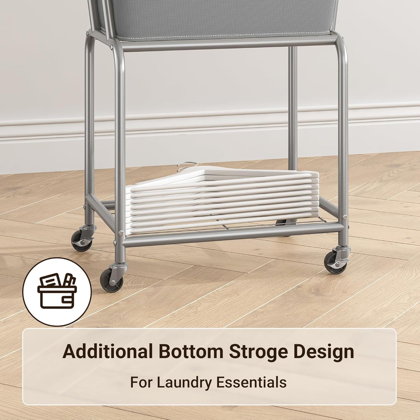 ELYKEN Laundry Cart with Wheels, Rolling Laundry Hamper with Removable Bag and Shelf, Metal Frame Laundry Basket with 4 Casters and 2 Brakes, Ideal for Bedroom, Bathroom, Laundry Room, Gray