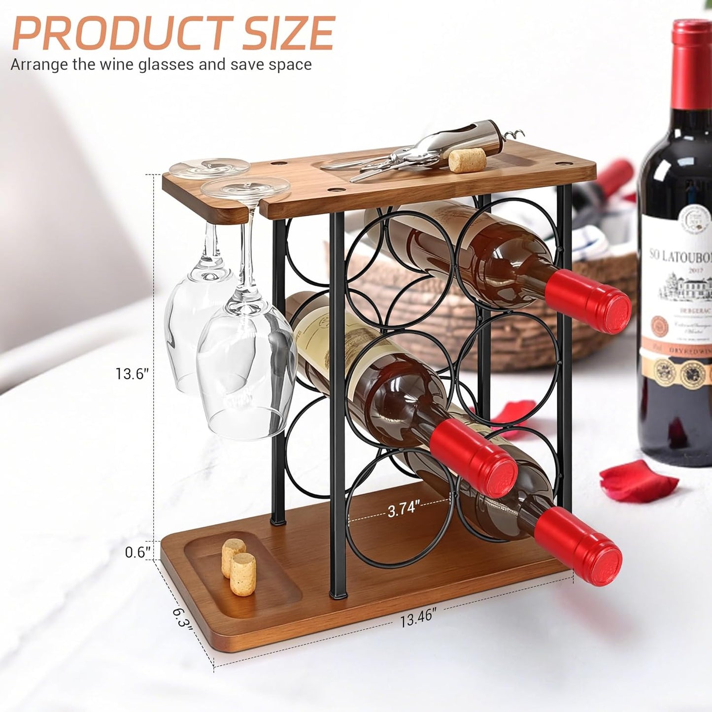 Wooden Wine Racks Countertop with Tray, Wine Bottle Holder for 6 Bottles & 2 Glasses, Perfect for Kitchen, Bar, Table, Cabinet, Wine Cellar