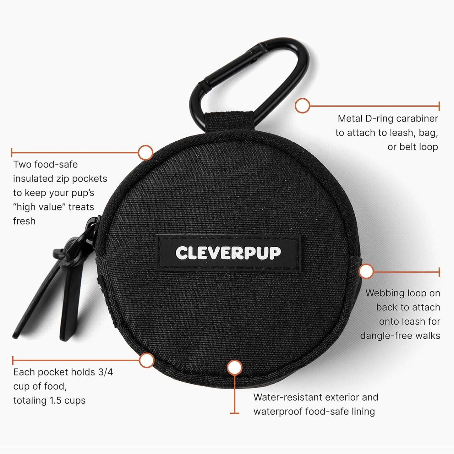 Snackpack Double Insulated Dog Treat Pouch - Holds 1.5 Cups - Dog Training and Walks Snack Bag, Two Pockets for Dry or Wet Treats, Attaches to Leash, Belt, or Bag - Graphite