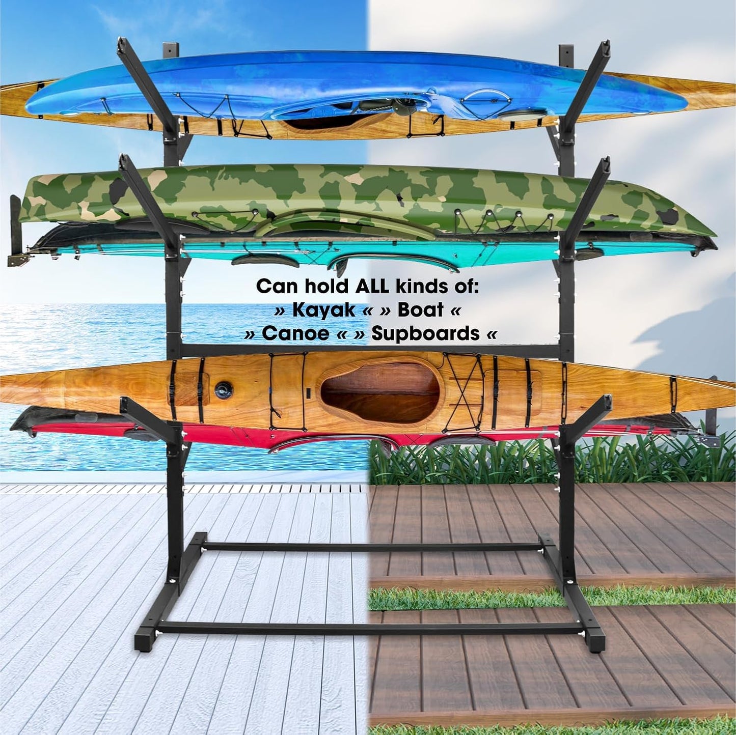 Adjustable Kayak Storage Rack, Freestanding Sup Storage Stand, Weatherproof Canoe Holder, Heavy Duty Paddleboard Bracket, Surfboard Bracket for Indoor, Outdoor, Garage, Shed, Dock…