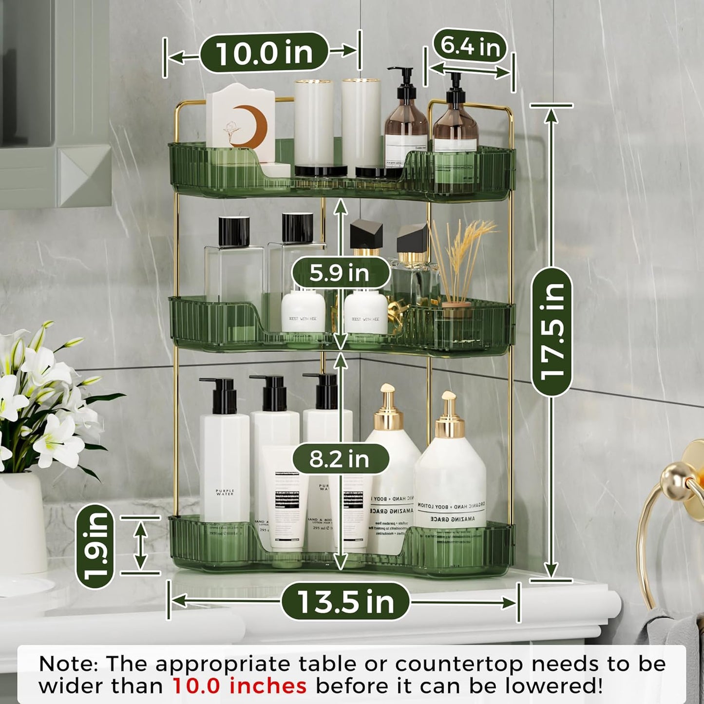 YCIA&DONE Corner Bathroom Counter Organizer, Makeup Organizer for Vanity, Skincare Cosmetic Perfume Tray, Corner Countertop Shelf Rack Storage for Bathroom Kitchen 3 Tiers (Vintage Green)