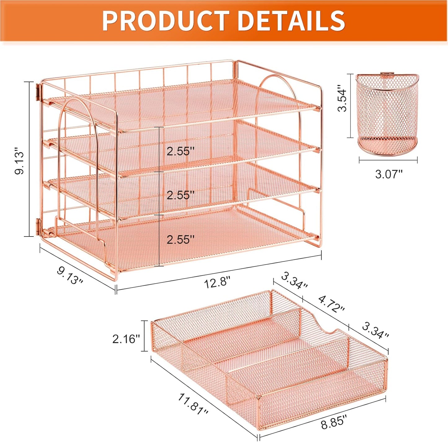 Lavatino 4-Tier Desk Paper Letter Tray Organizer for Desk Accessories & Workspace Organizers with Drawer and 2 Pen Holder for Home, School, Office Supplies Storage (Rose Gold)