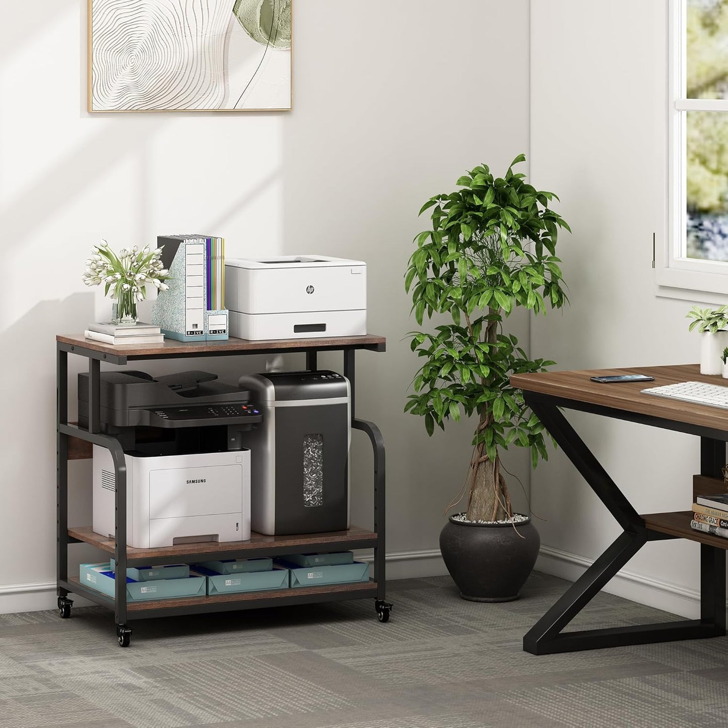 32.3" Wide Extra Large Printer Stand, 3 Tier Printer Table with Adjustable Storage Shelf, Rolling Printer Cart with Industrial Wheels for Home Office, Rustic Brown