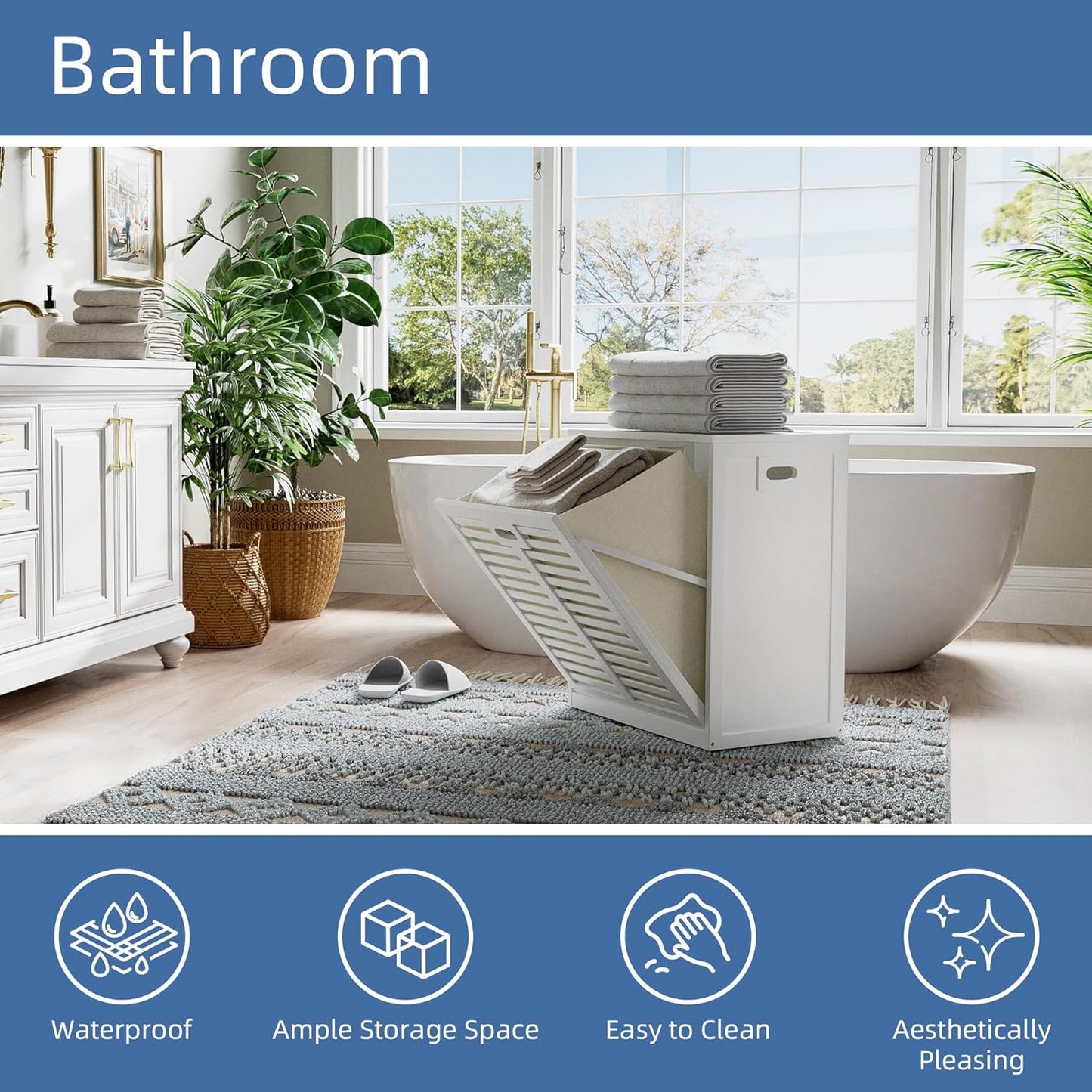 HITNET Tilt Out Laundry Hamper Cabinet, Bathroom Laundry Cabinet with 16 Gallon Clothes Basket, Space Saving Freestanding Bamboo Storage Organizer for Towels and Toys, White