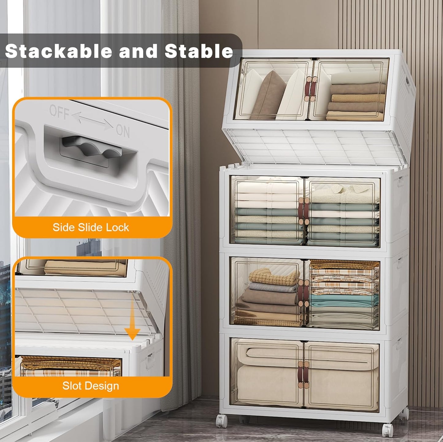 Extra Large Stackable Storage Bins with Lids & Wheels & Door, 896QT-112QT/28GAL*8Pack Foldable Collapsible Closet Organizers, Plastic containers drawers for bedroom Dorm