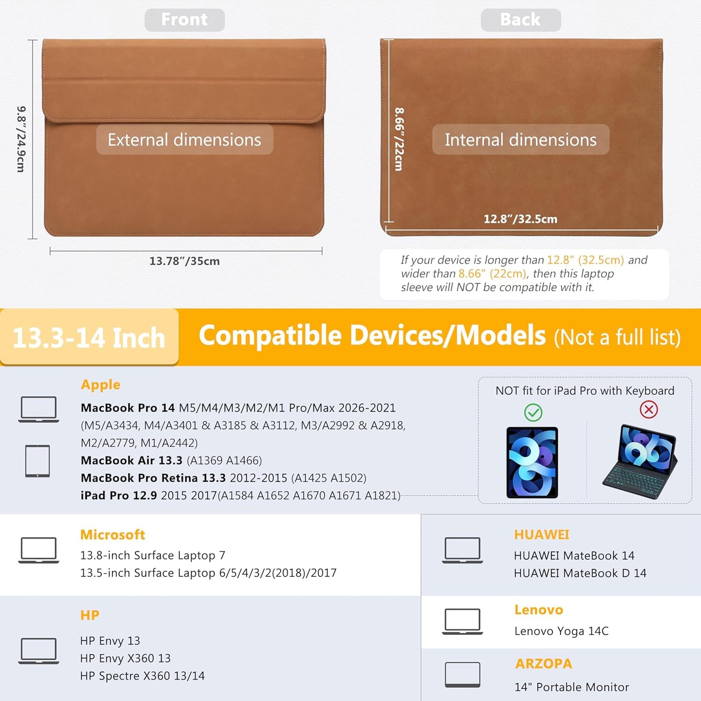HYZUO 13.3-14 Inch Laptop Sleeve Case with Stand Feature for MacBook Pro 14 M5/M4/M3/M2/M1 2026-2021, MacBook Pro/Air 13.3, 13.5" 13.8" Surface Laptop, HP Spectre X360 13/14, Brown