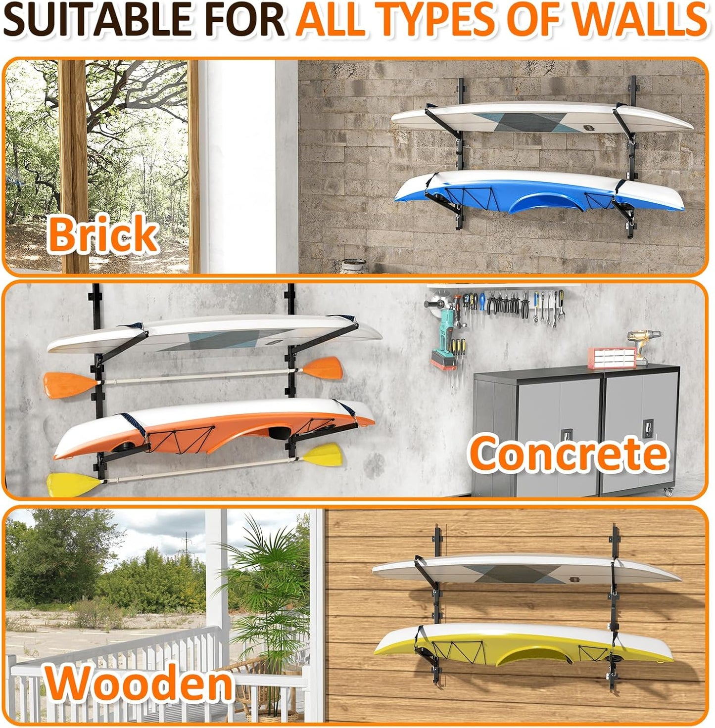 Kayak Storage Rack for Garage Wall Mount - Heavy L-Frame Holder with Anti-Slip Bungee & Complete Installation Kit, Supports 150LB (Fits Canoe/Paddle Board, Black)