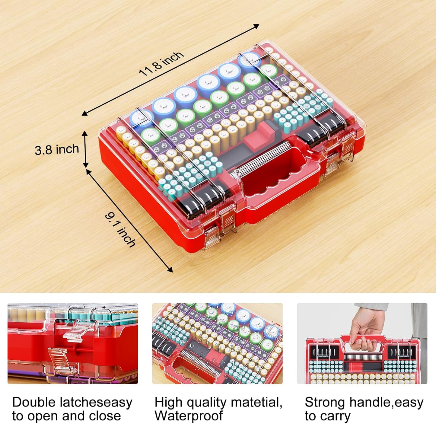 Battery Organizer Storage Holder Box Case with Tester, Ultra-Large 262+ Batteries Container with Double-Sided, Holds AA AAA 4A 23A C D Cell 9V 3V Lithium 4LR44 CR3 CR123A 18650 (Red)