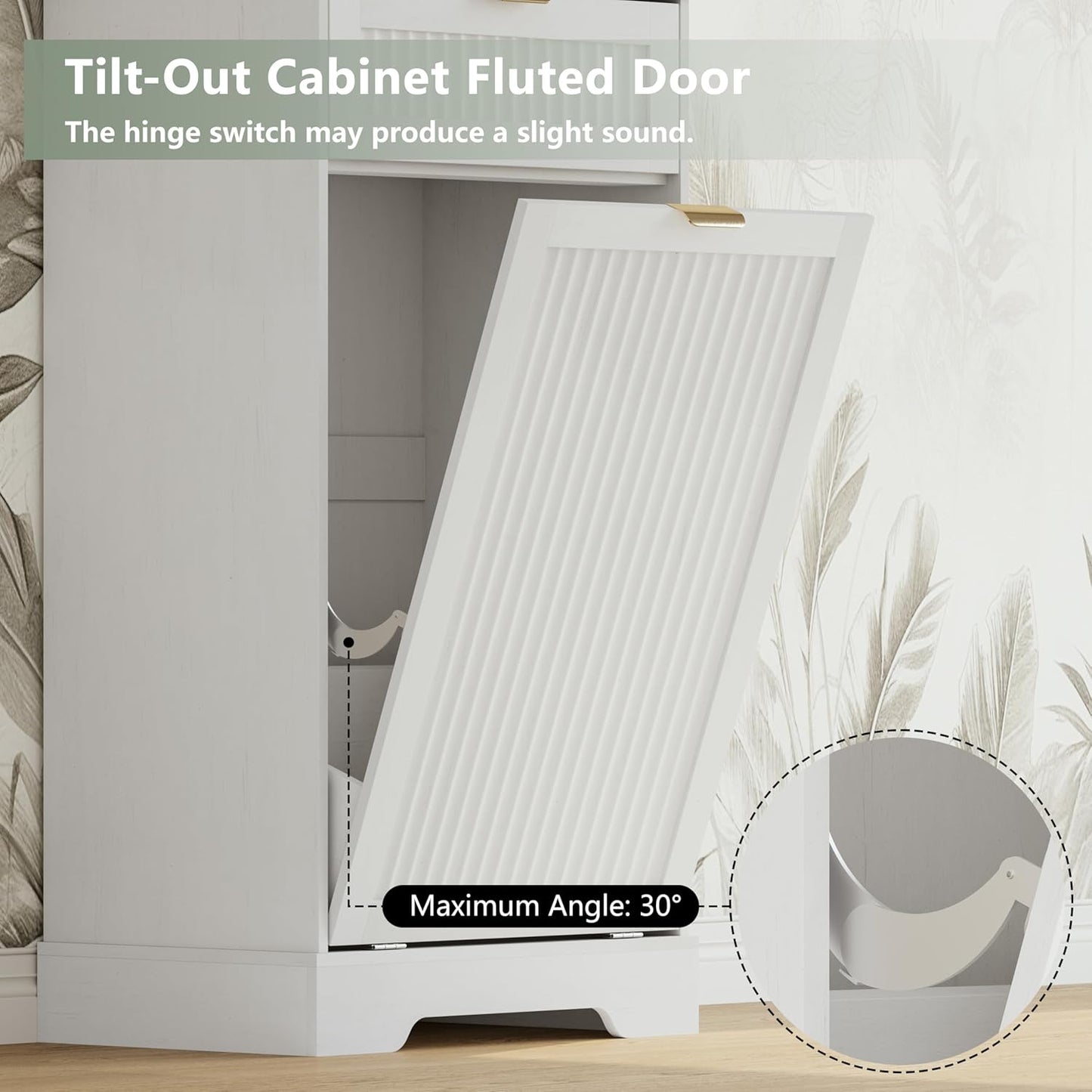 13 Gallons Tilt Out Trash Can Cabinet, Wooden Fluted Trash Garbage Can Cabinet with Drawers, Hidden Laundry Hamper with Hooks for Kitchen Living Room, White
