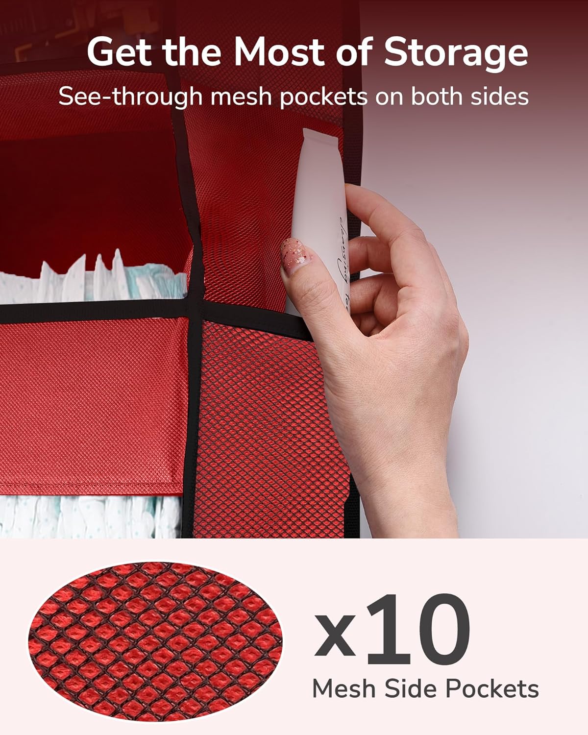 ULG 1 Pack Over The Door Organizer – 5 Shelf Door Organizer Hanging & 10 Side Pockets, Reinforced 44LB Capacity Hanging Organizer, Behind The Door Storage for Bedroom, Nursery, Christmas (Red)