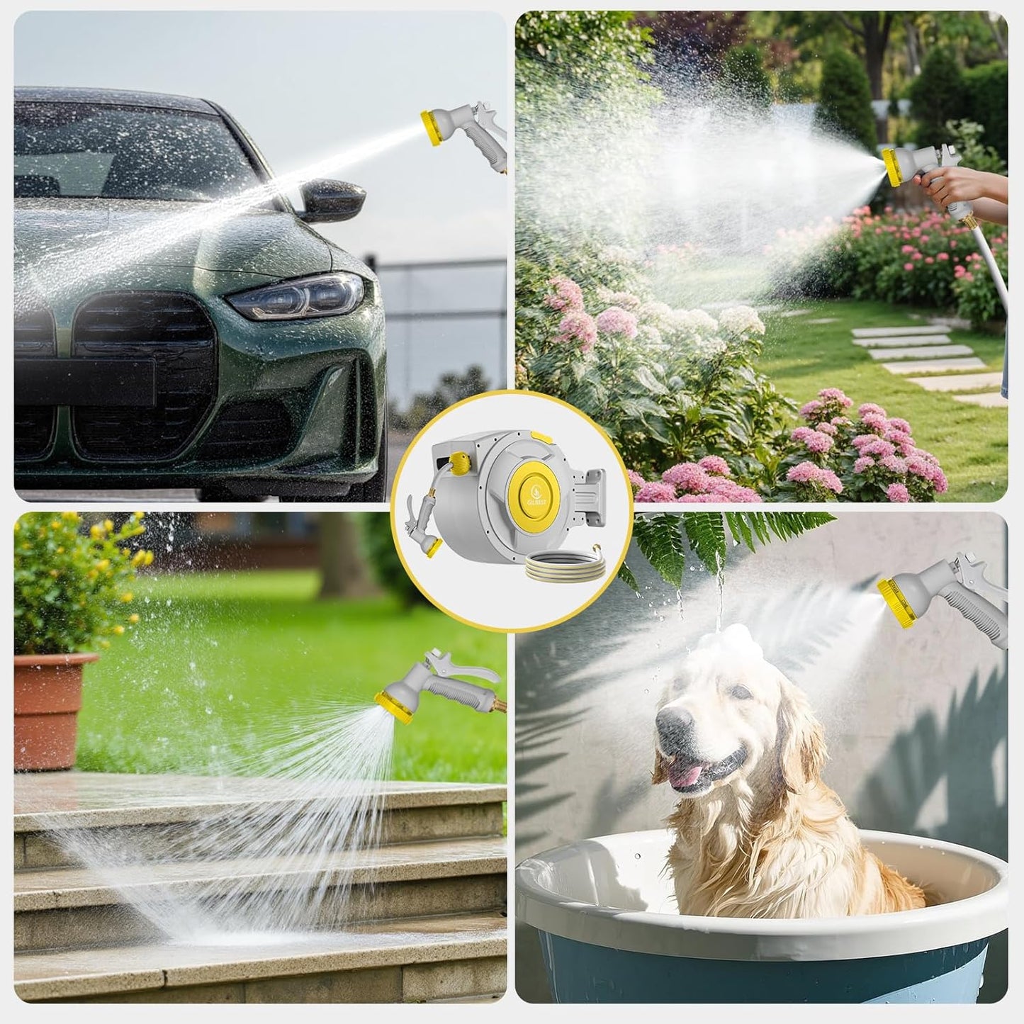 130 ft x 1/2" Retractable Garden Hose Reel, Heavy Duty Water Hose Reel Wall Mounted, Any Length Lock, 180°Swivel, Water Hose with 8-Function Nozzle for Cleaning, Watering (Yellow)