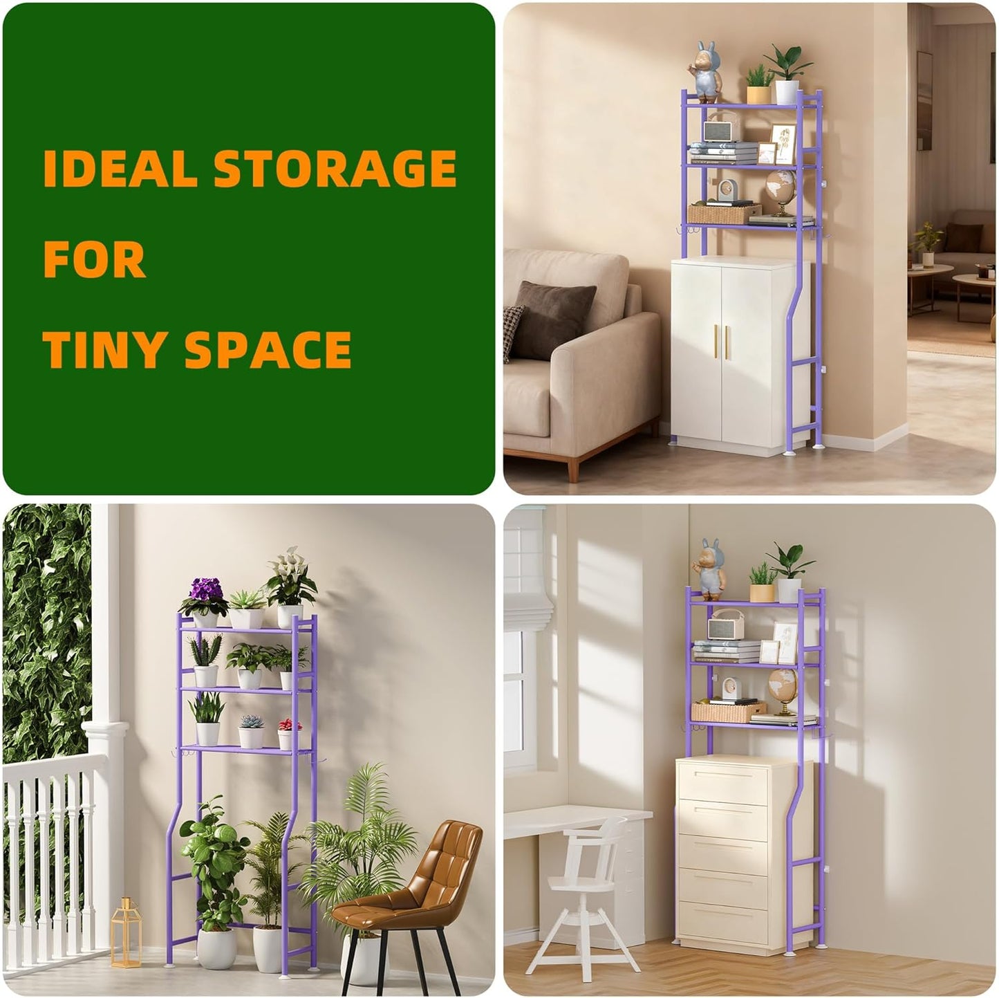 3-Tier Over The Toilet Storage, Space Saver Metal Bathroom Shelves, Freestanding Above Over Toilet Storage Shelf with 4 Hooks for Bathroom, Purple