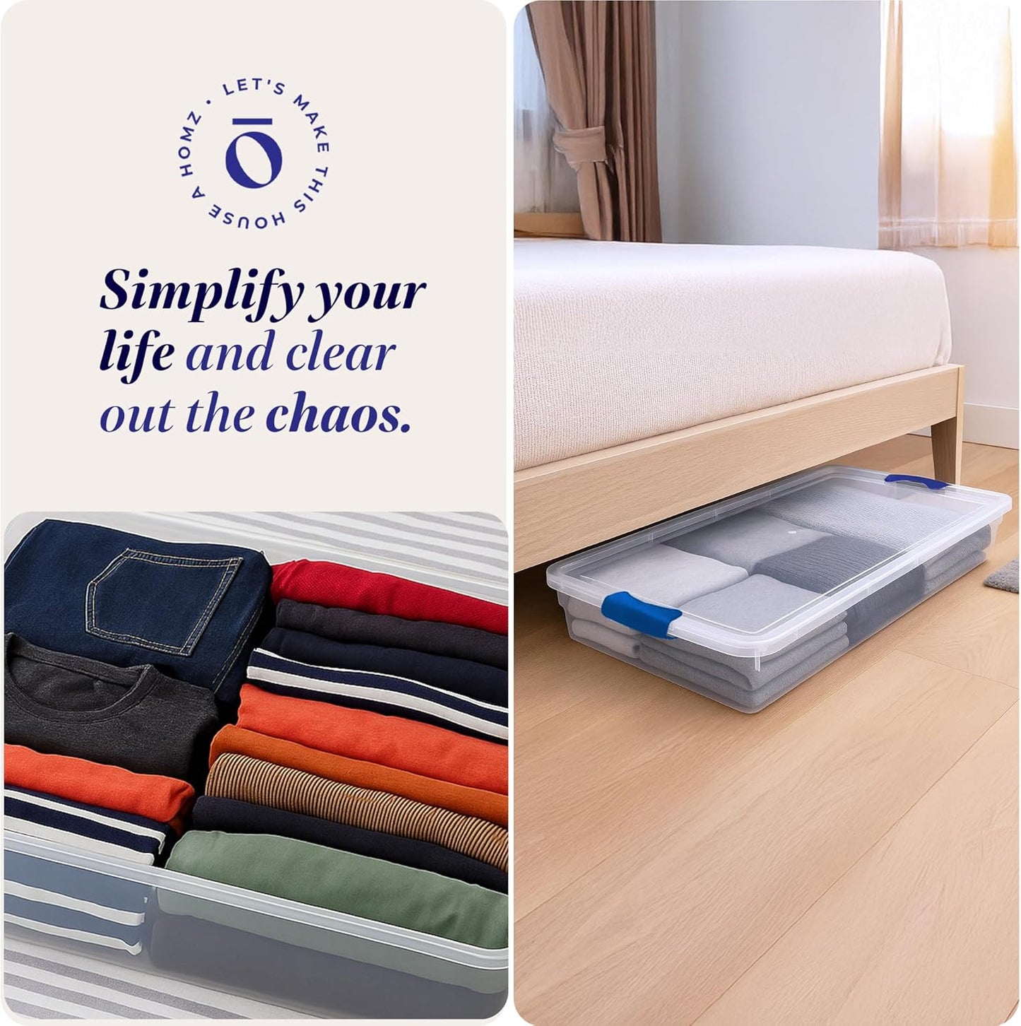 HOMZ 2-Pack Under Bed Storage, Clear Plastic Containers with Lids, 60 Quart, Blue Latch - Stackable Underbed Organizer Bins for Shoes, Bags, Clothes, and Towels