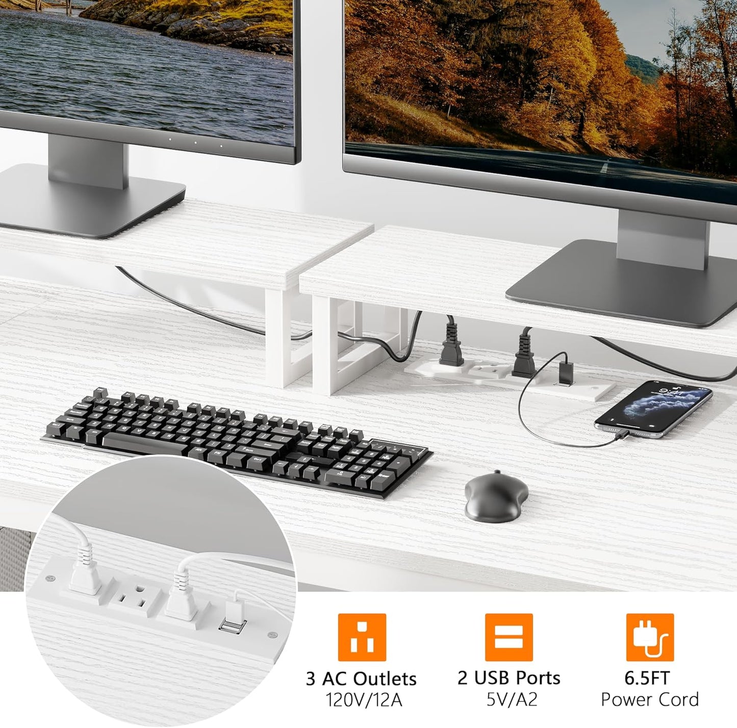 Furologee 55" Computer Desk with File Cabinet and Power Outlets, Home Office Desk with 2 Monitor Stands and Storage Drawer, Writing Gaming Table with Shelves and 2 Hooks for Bedroom, White