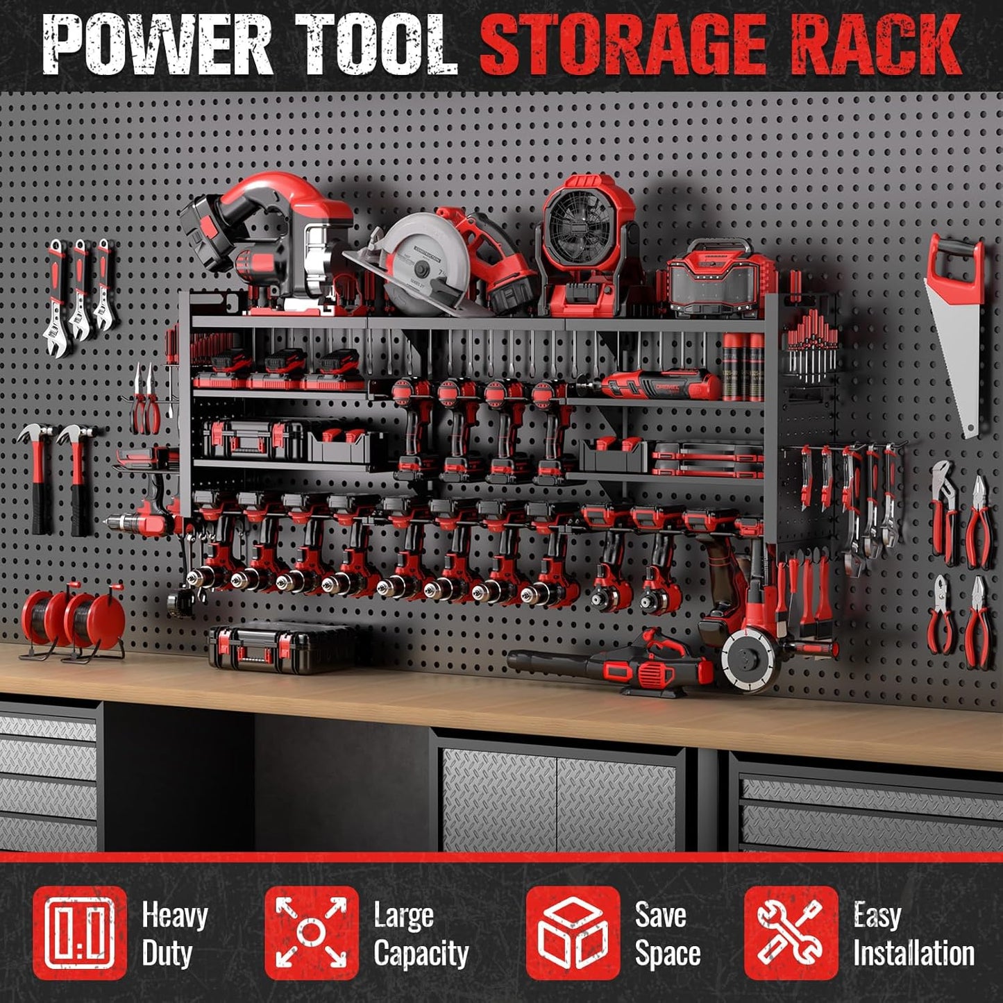 49.8" W Super Large Power Tool Organizer Wall Mount,4-Layer Heavy Duty Tool Storage with 18 Cordless Drill Holder,600 lb Capacity Garage Organization for Garage and Workshop (Black)