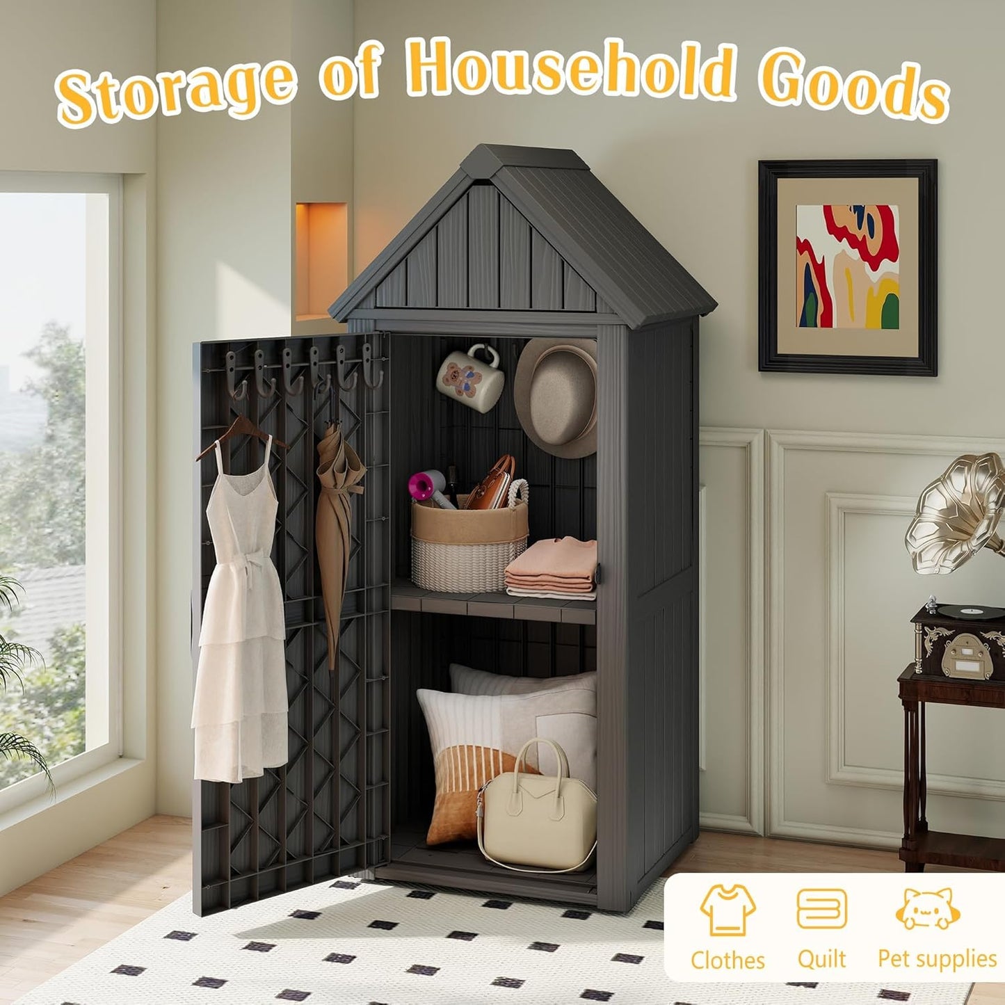Storage Shed Outdoor,Waterproof Resin Garden Tool Shed, Heavy-Duty Weather-Resistant Cabinet for Patio, Backyard, or Garage (Deep Black)