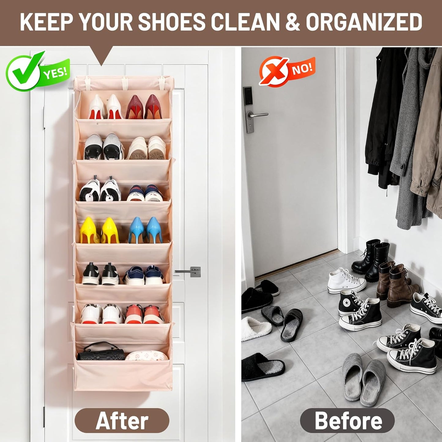 7 Tier Over The Door Shoe Organizer, Hanging Shoe Rack for Closet with Dustproof Mesh Curtain & 6 Side Pockets, Behind The Door Narrow Shoe Holder Hanger for Sneakers, Boots (Beige)