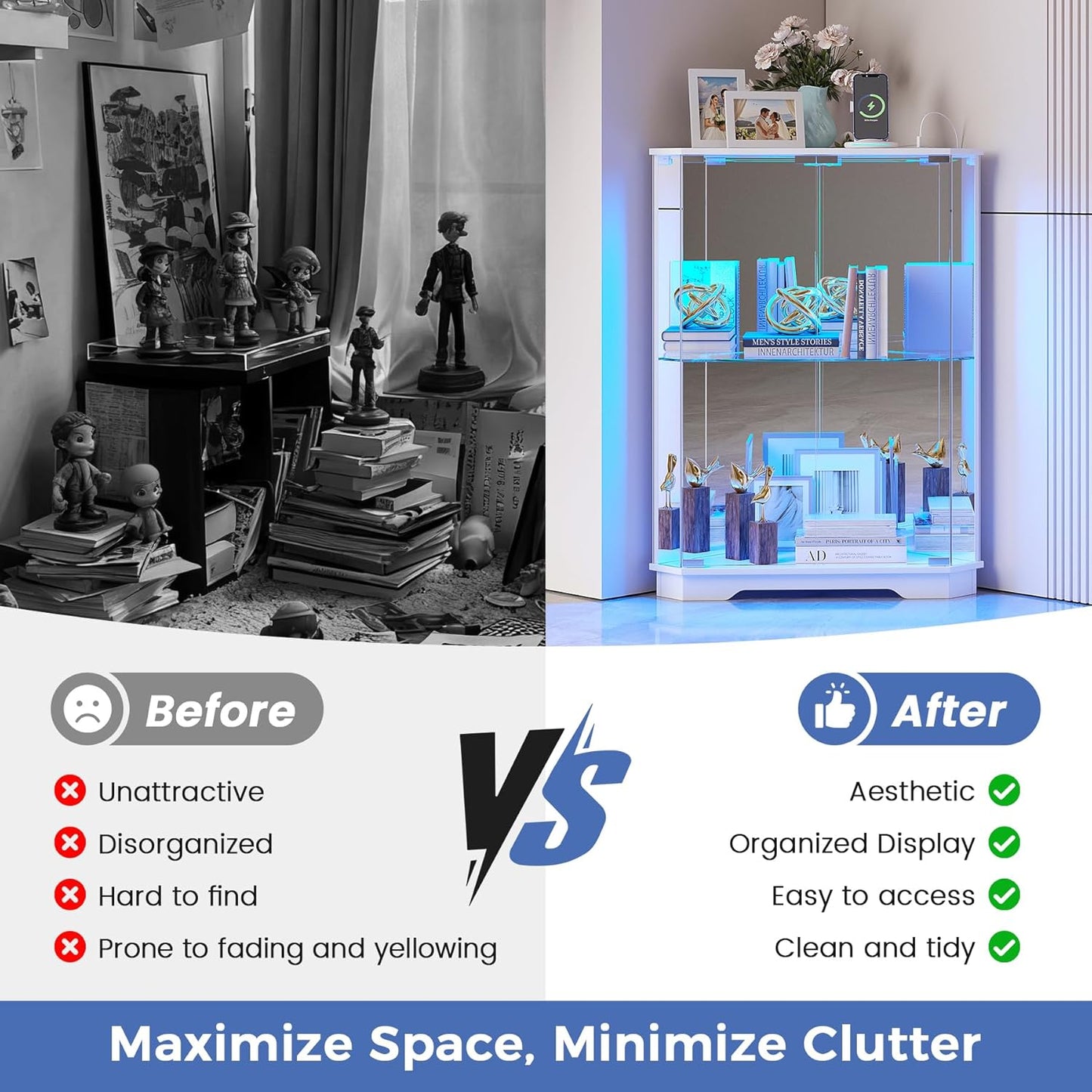 Corner Display Cabinet with Glass Doors, Small Display Case with 3-Color LED Lights and Charging Station, 2-Tier Curio Cabinet with Storage and Shelf, White