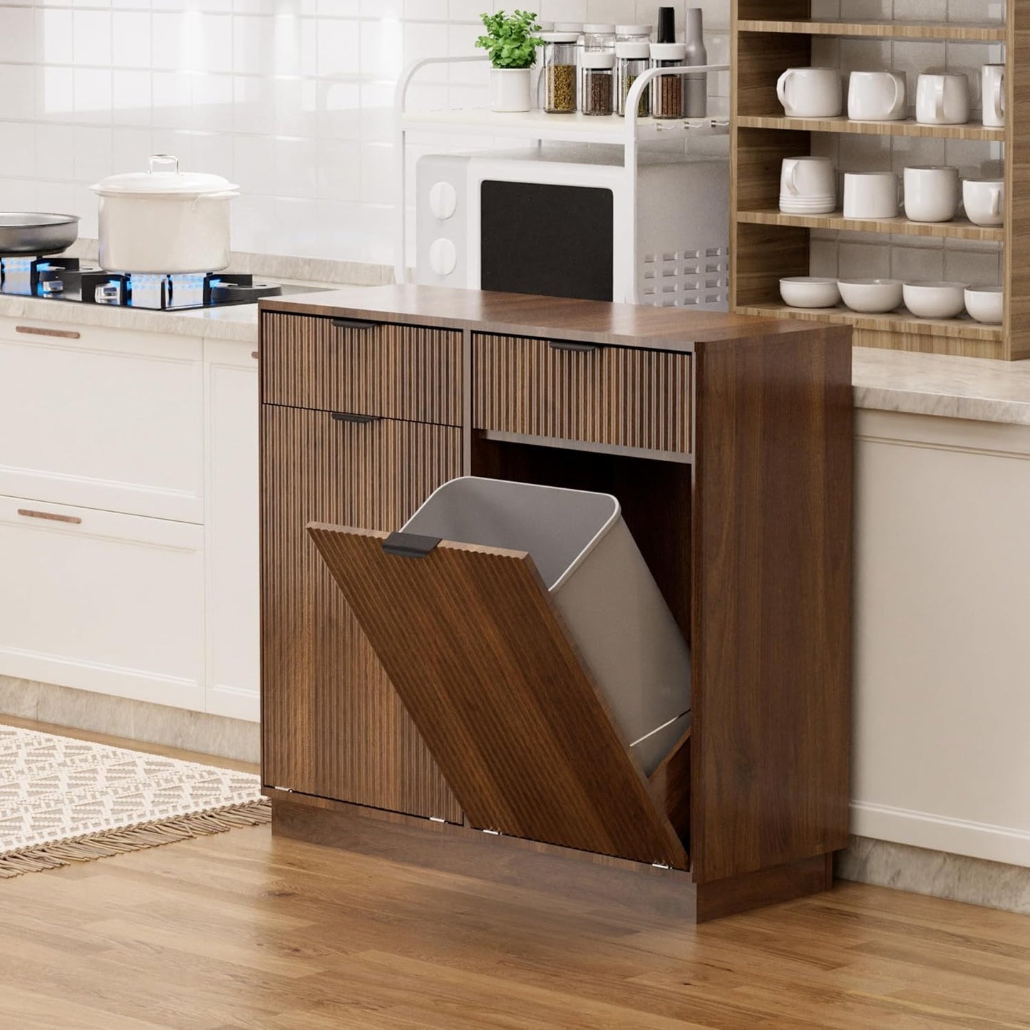 Double Tilt-Out Trash Cabinet, Laundry Hamper Cabinet with 2 Drawers, 39.4W x 34.3H x 13.8D inches, Walnut, Wave-Textured Front.