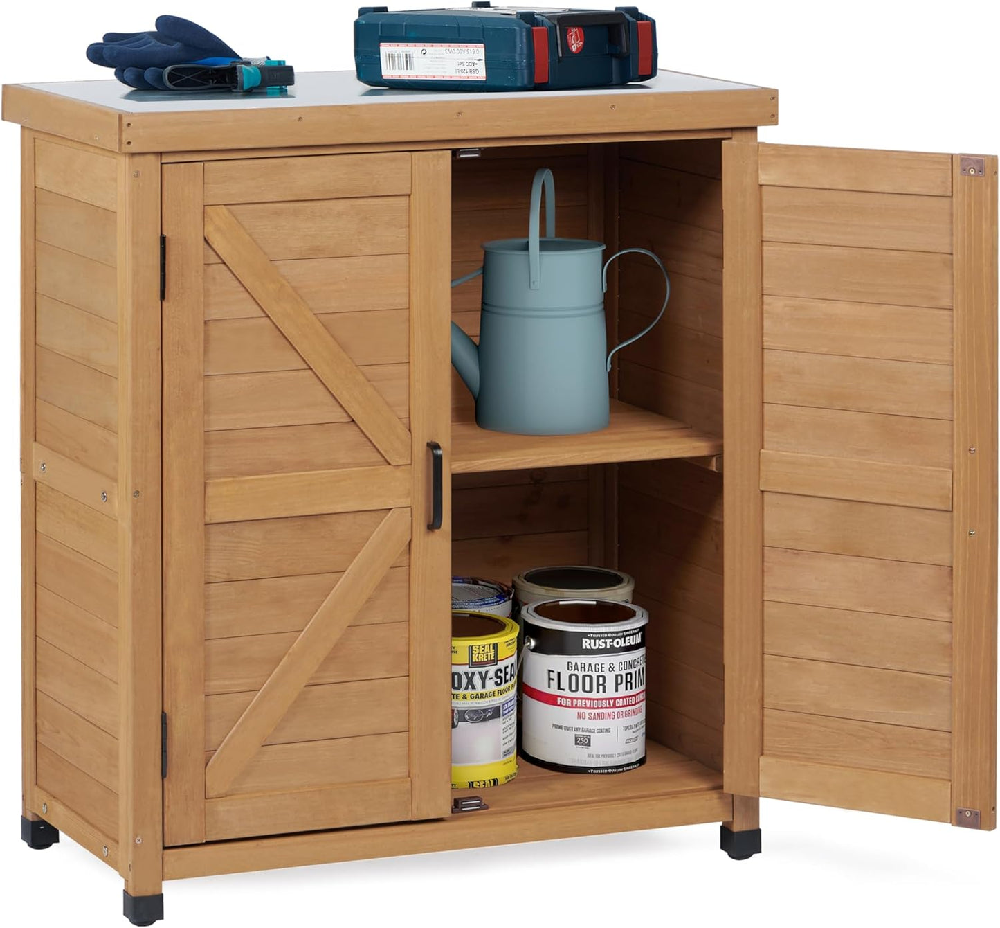 Outdoor Potting Bench with Storage Cabinet and Metal Top, Wood Workstation for Outdoor Patio, Garden (Light Brown, 31x17x36‘’)