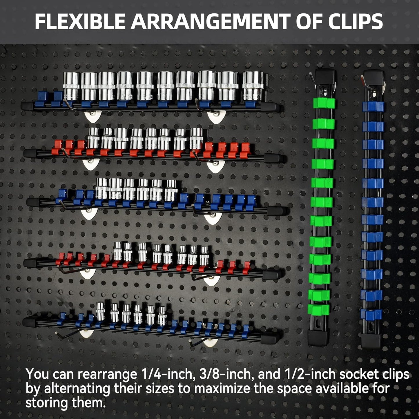 Socket Organizer Drive ABS Tools - Socket Holder, Premium Quality 18 Pieces Socket Holders Kit 1/4-Inch x 96 Clips, 3/8-Inch x 90 Clips, 1/2-Inch x 72 Clips(18PC,Mix-color)