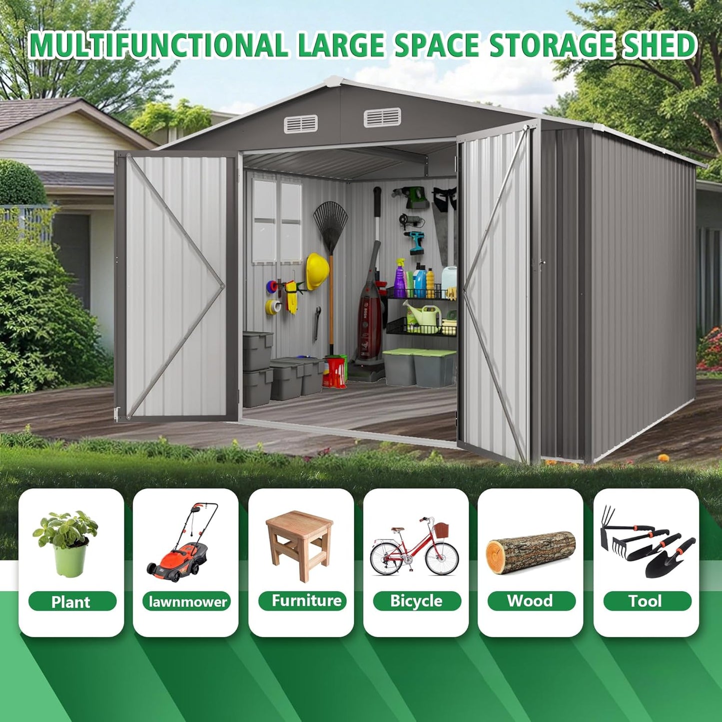 Metal Storage Shed, 10 X 12 FT Lockable Outdoor Tool Shed with Air Vent and Clear Windows, Galvanized Steel Garden Shed for Backyard, Patio, Garden, Bike Storage or Outdoor Use, Grey