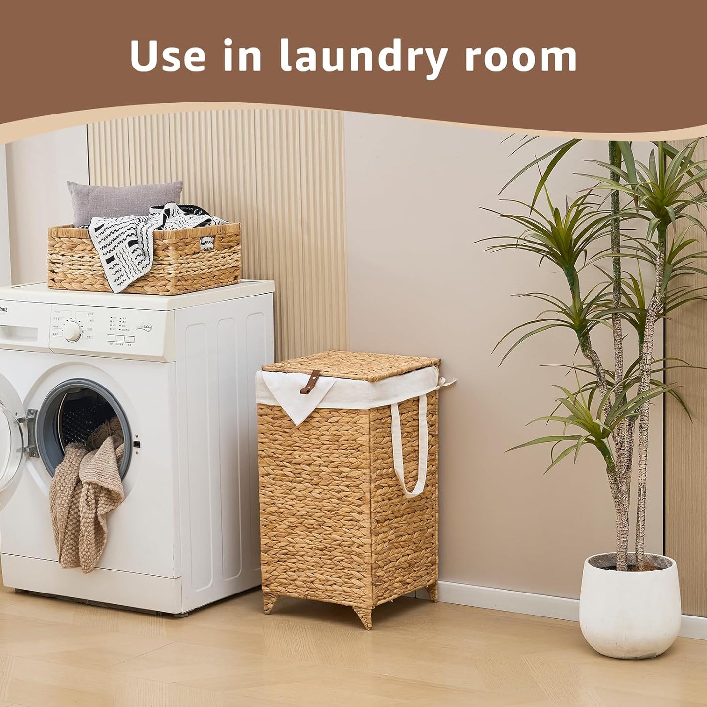 Laundry Hamper with Lid and Removable Liner Bag, Handwoven Natural Hyacinth Clothes Hamper with Heightened Feet, Wicker Laundry Basket for Clothes and Towels,Small