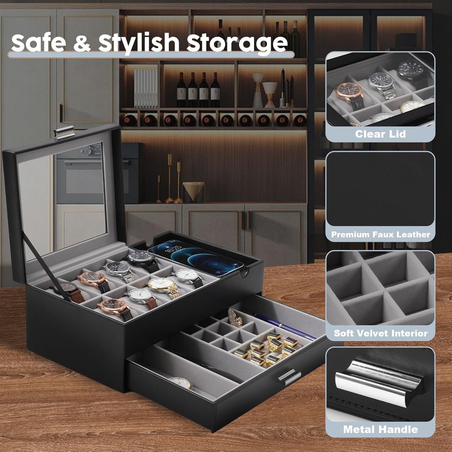 Dajasan Watch Box, Watch Case for Men, 8 Slot Watch Display Case with Glass Lid, Large Watch Holder Organizer, Sunglass Storage Organizer for Watch, Ring, Jewelry, Gift Idea, PU Leather (Black)