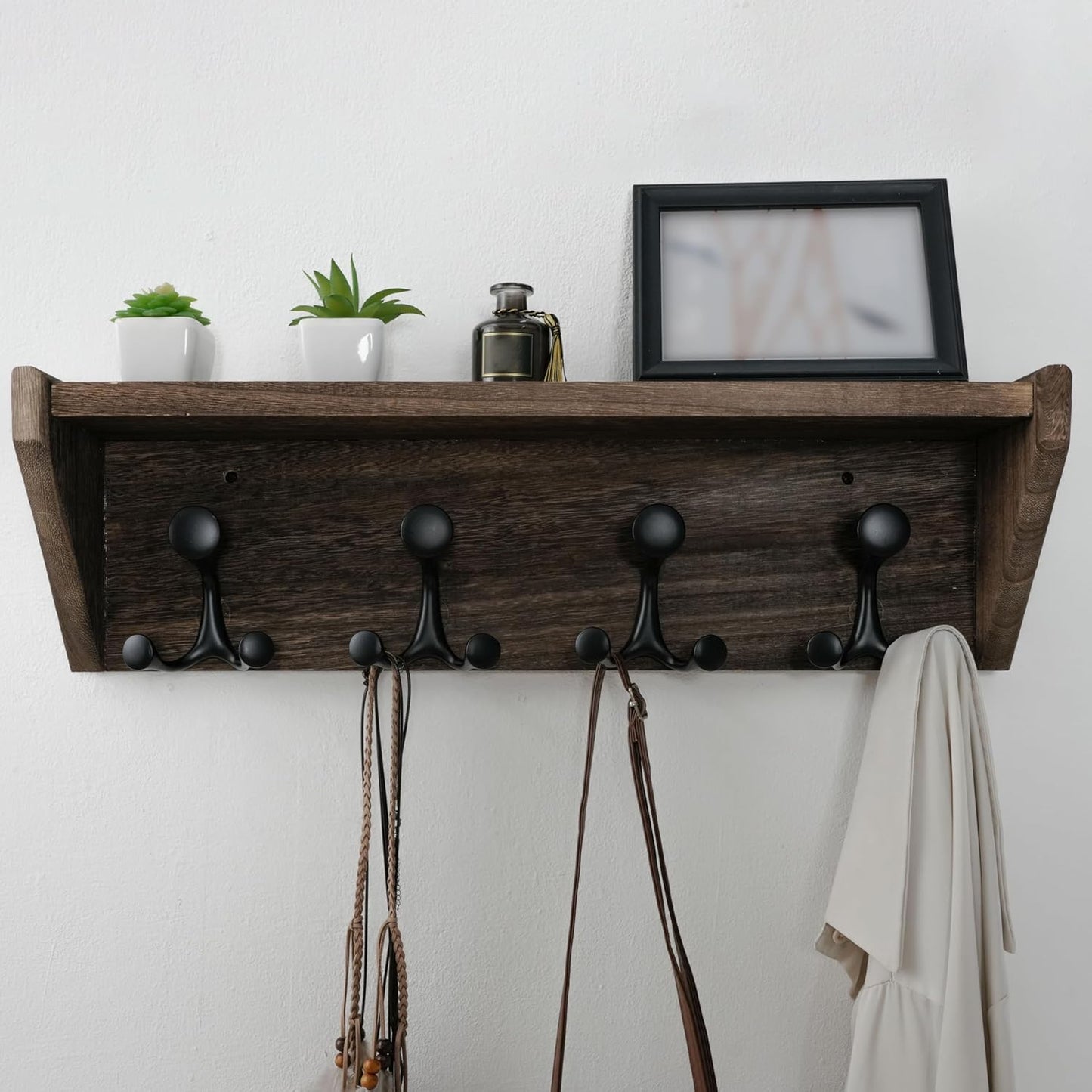 WEBI Wall Shelf with Hooks Underneath,24” Long Wall Mounted Coat Rack with Shelf,Entryway Coat Rack with 4 Triple Hooks for Hanging Coats,Jacket,Hallway,Bedroom,Mudroom,Weathered Brown
