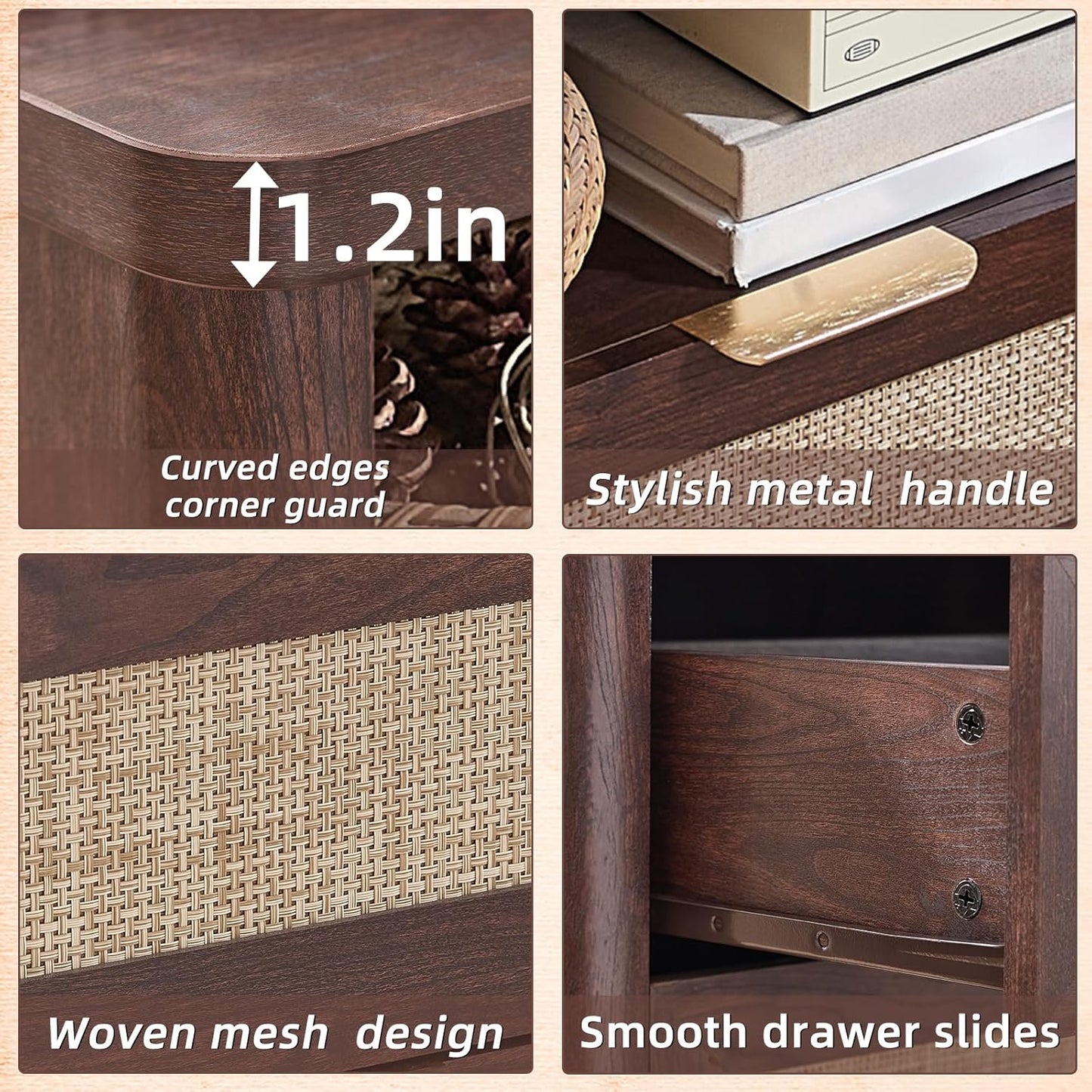 LEYAOYAO Rattan Nightstands Set of 2 with Charger Station, 23" Wide Boho Night Stand with 2 Drawers, Bedside Table Open Shlef, Bed Side End Table Dresser for Bedroom, Living Room Hallway, Walnut