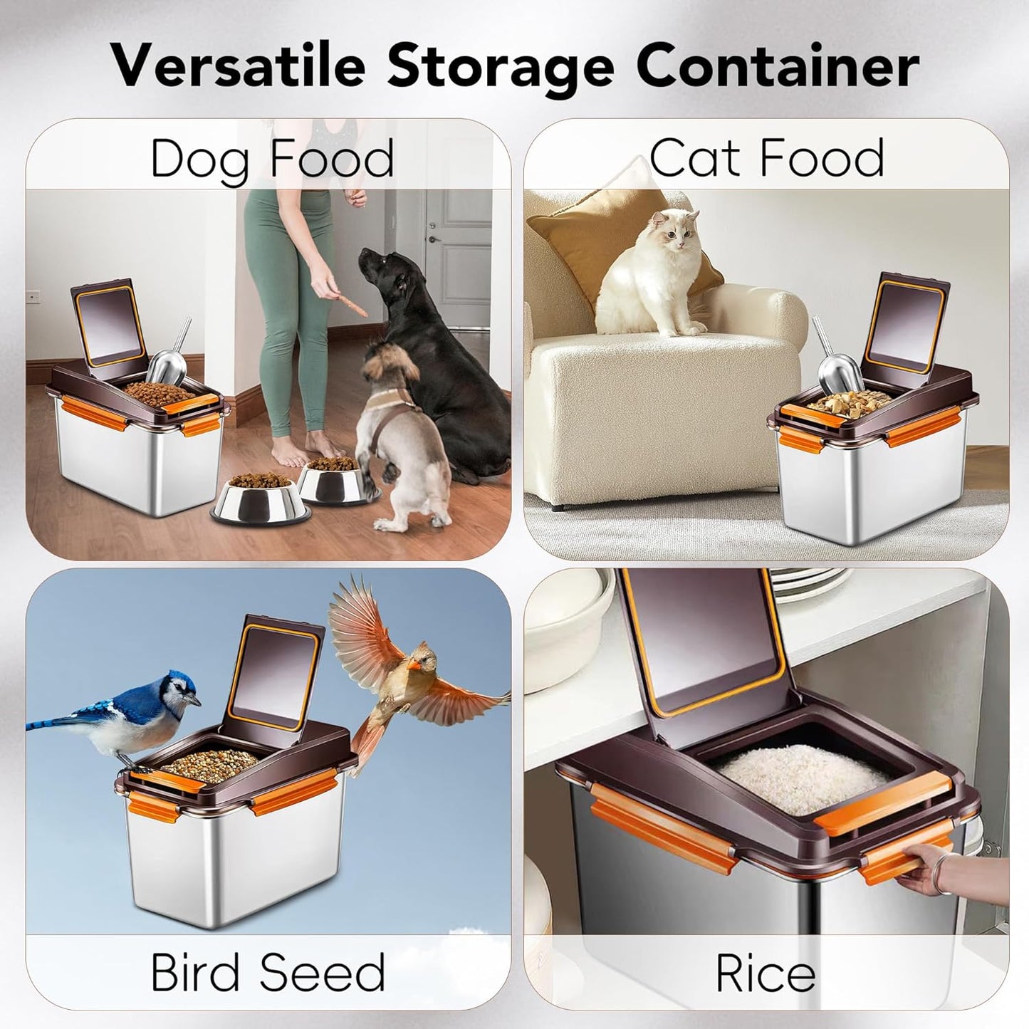 Dog Food Storage Container Stainless Steel with Scoop, 16 LB /11 LB Airtight Pet Metal Food Storage Bin, Cat Food Container for Dry Dog, Cat Food, Bird Seed, Keep Food Fresh, Brown