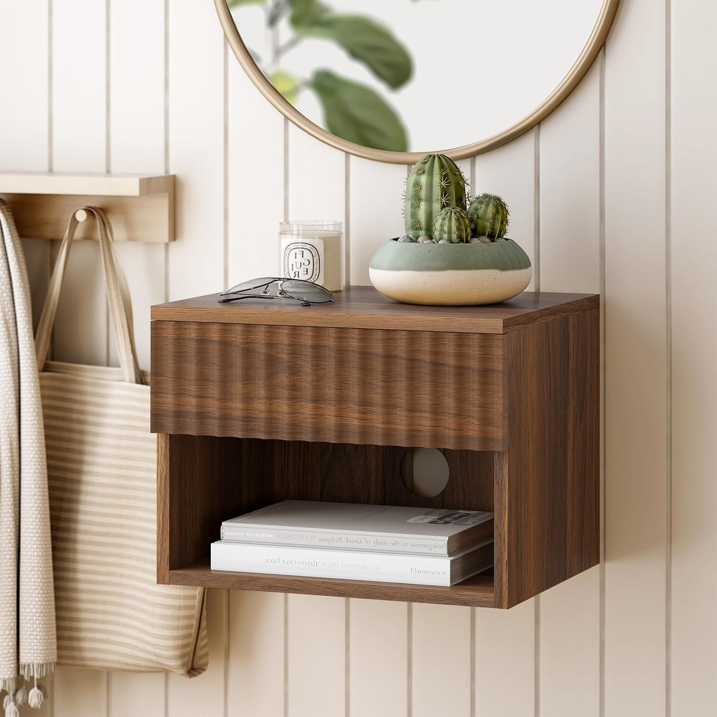 Floating Nightstands Set of 2 with Drawer and Open Shelf, Small Wall Mounted Bedside End Table, Modern Fluted Night Stand for Bedroom, Living Room, Brown