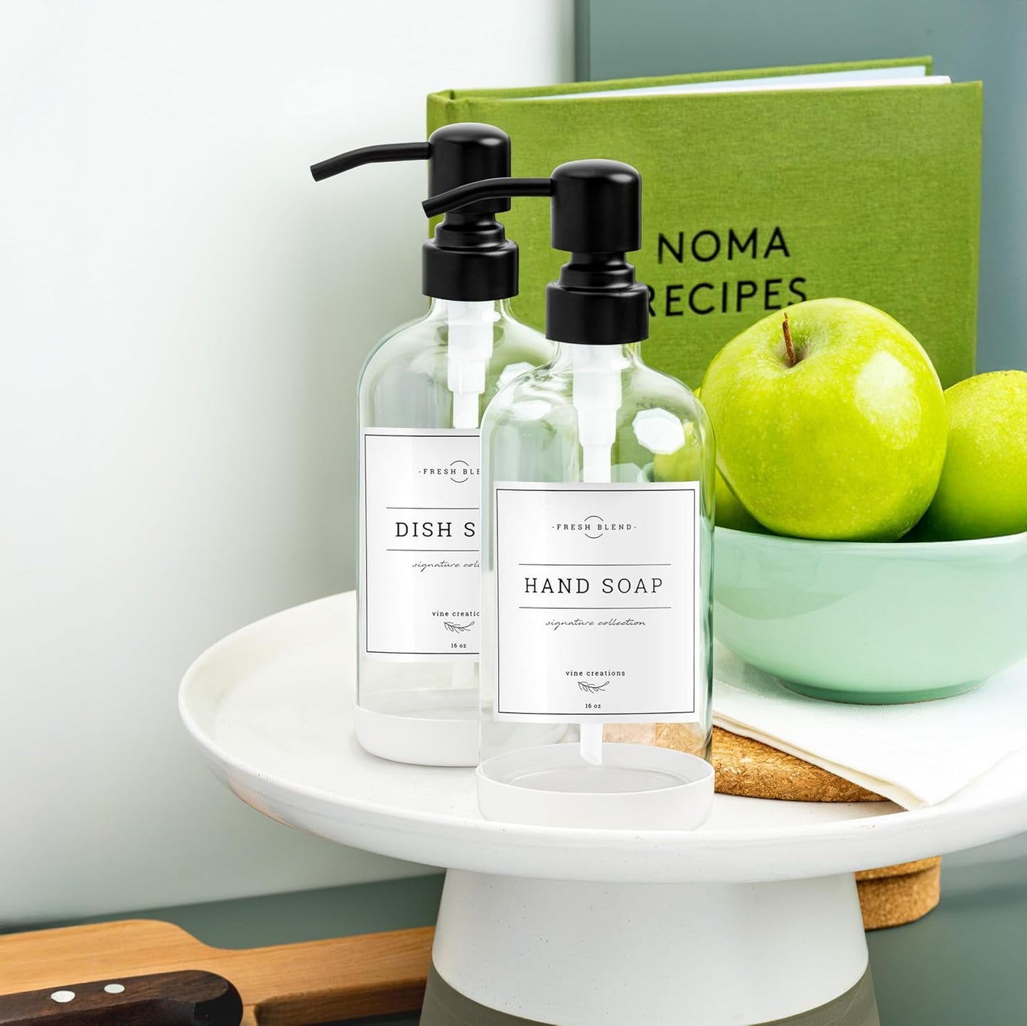 Vine Creations Clear Glass Soap Dispenser, 2 Pack Kitchen Soap Dispenser Set with Stainless Steel Pump, 16 oz Dish Soap and Hand Soap Dispensers for Bathroom with Waterproof Labels