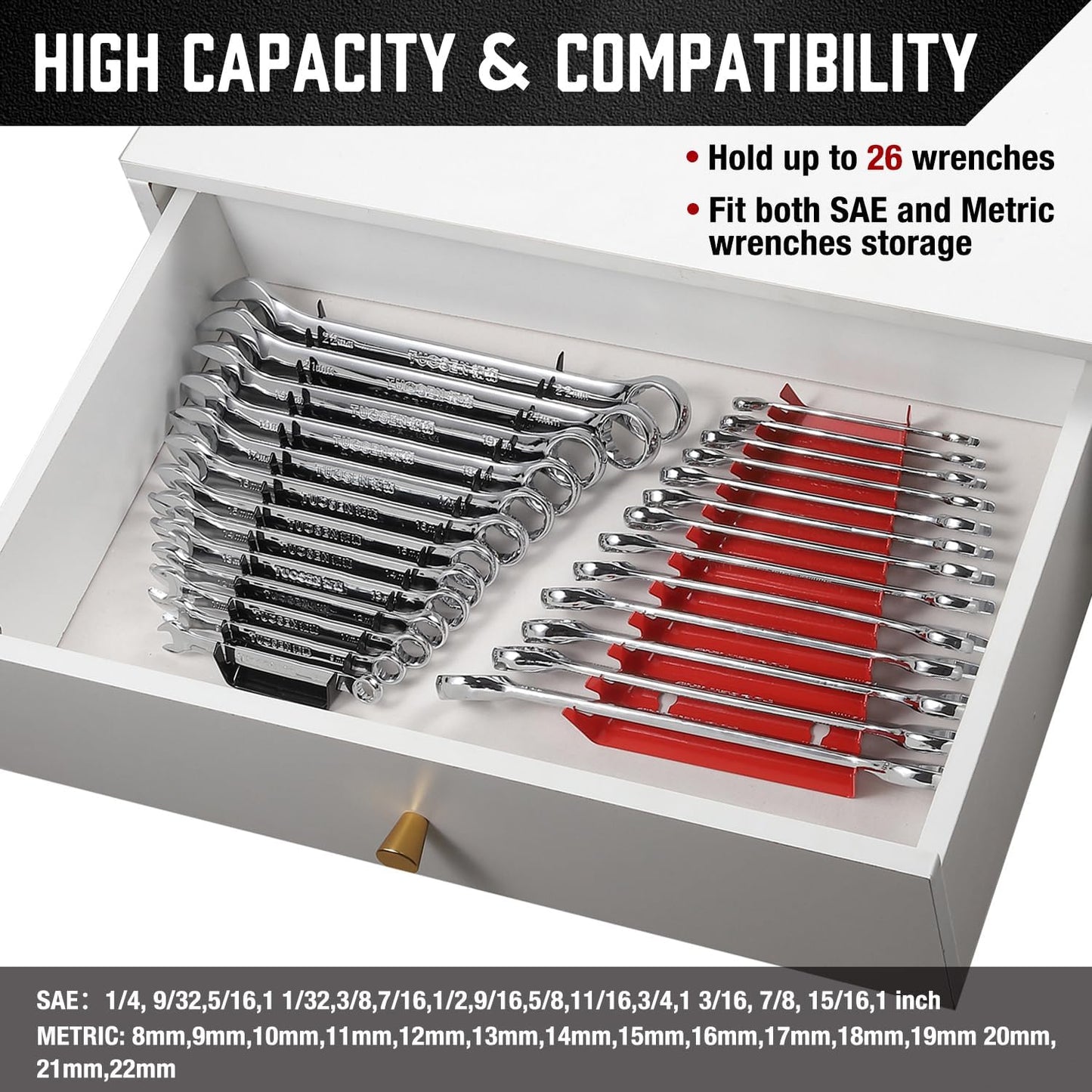 ALOANES 52-Slot Metal Wrench Organizer, Heavy Duty Hanging Wrench Organizer Tray for Tool Box&Wall, Fit SAE & Metric Wrench Storage, 4 Pack Wrench Holders (Red&Black)