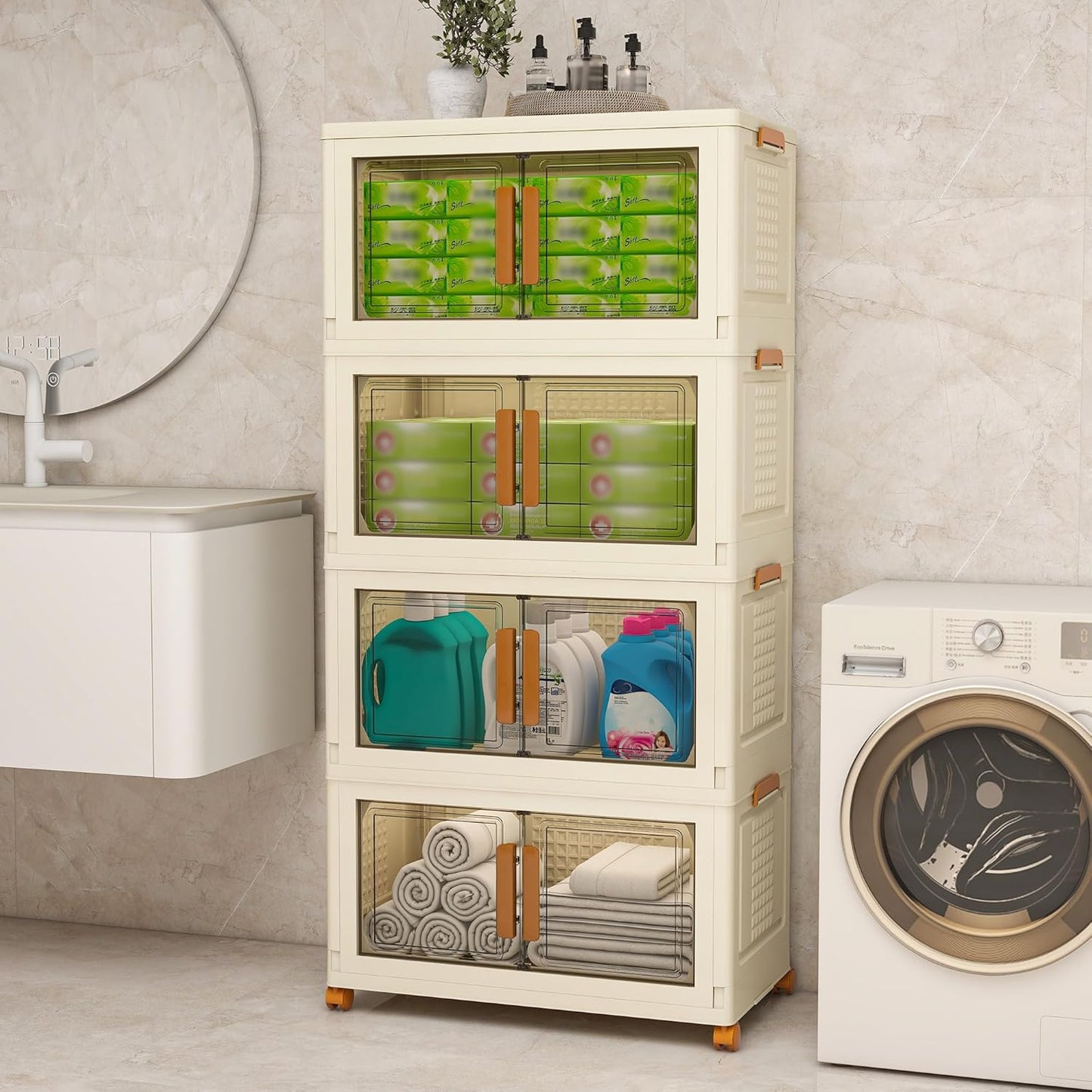 Plastic Stackable Storage Bins with Lids and Wheels, Foldable Closet Organizers and Storage Containers, Collapsible Clear Drawer Storage Cabinet with Doors Ivory White 182.4 QT