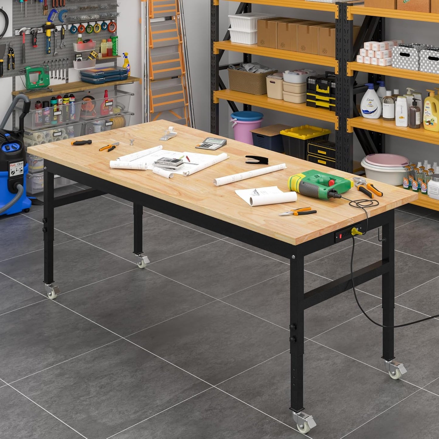 60" Adjustable Work Bench, Rubber Wood Top Workbench Heavy-Duty Work Table with Power Outlet and Wheels, 2000 LBS Load Capacity Hardwood Work Benches for Garage, Workshop, Home, Office, Easy Assembly