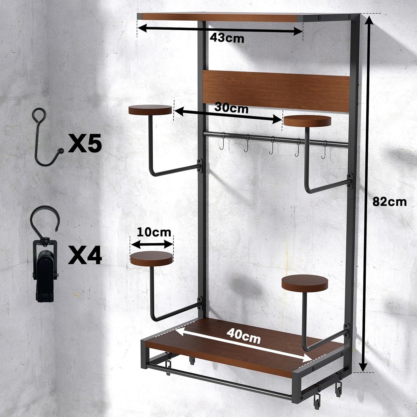 Motorcycle Helmet Holder Wall Mount, Rustic Helmet Rack With 4 Hat Stands and 2 Wooden Shelves, Motor Gear Accessories Storage for Men, 4 Clips, 5 Hooks for Glove Key Jacket Hanging